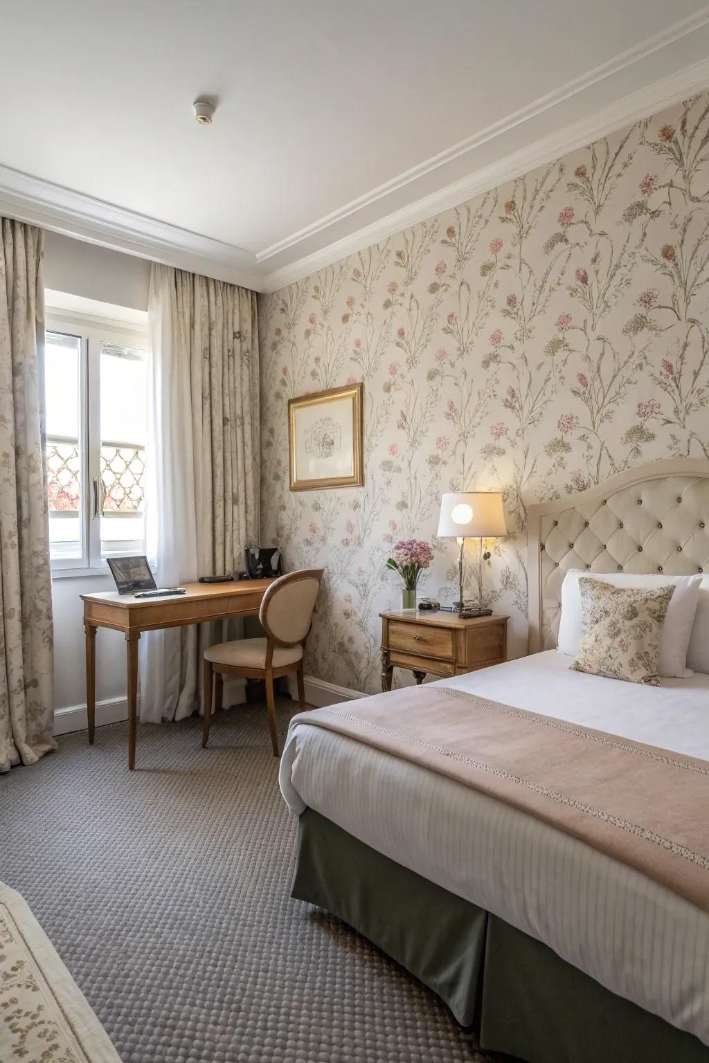 A guest room enhanced by elegant patterned wallpaper.