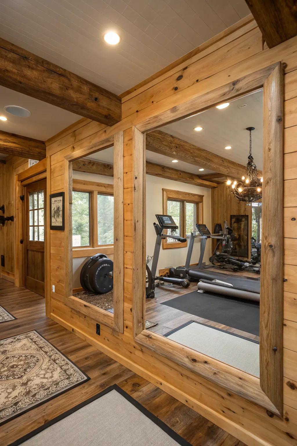 Wooden framework contributes rustic appeal to this personal fitness area.