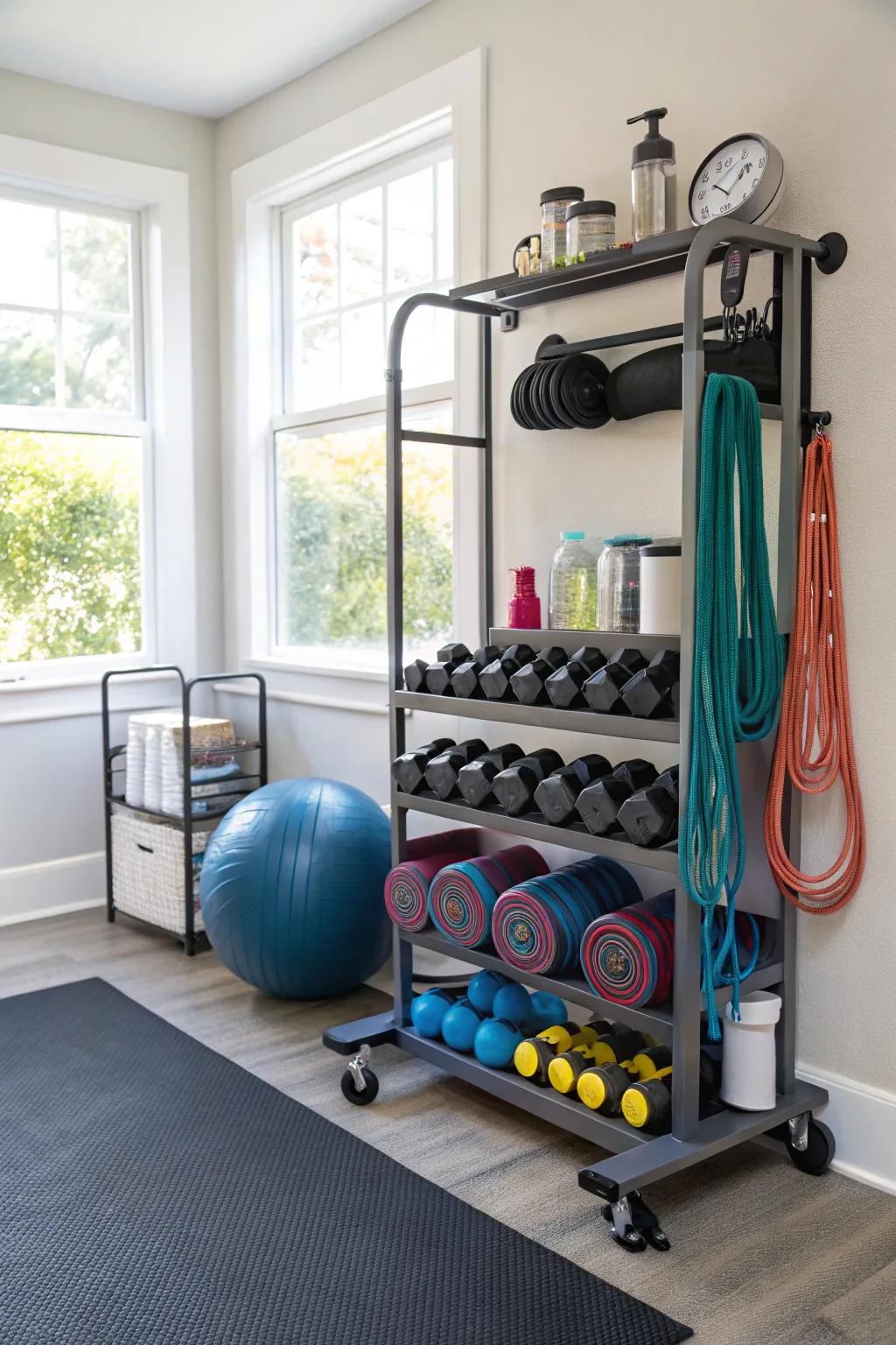 Transportable carts provide versatility and convenience for storing gym equipment.