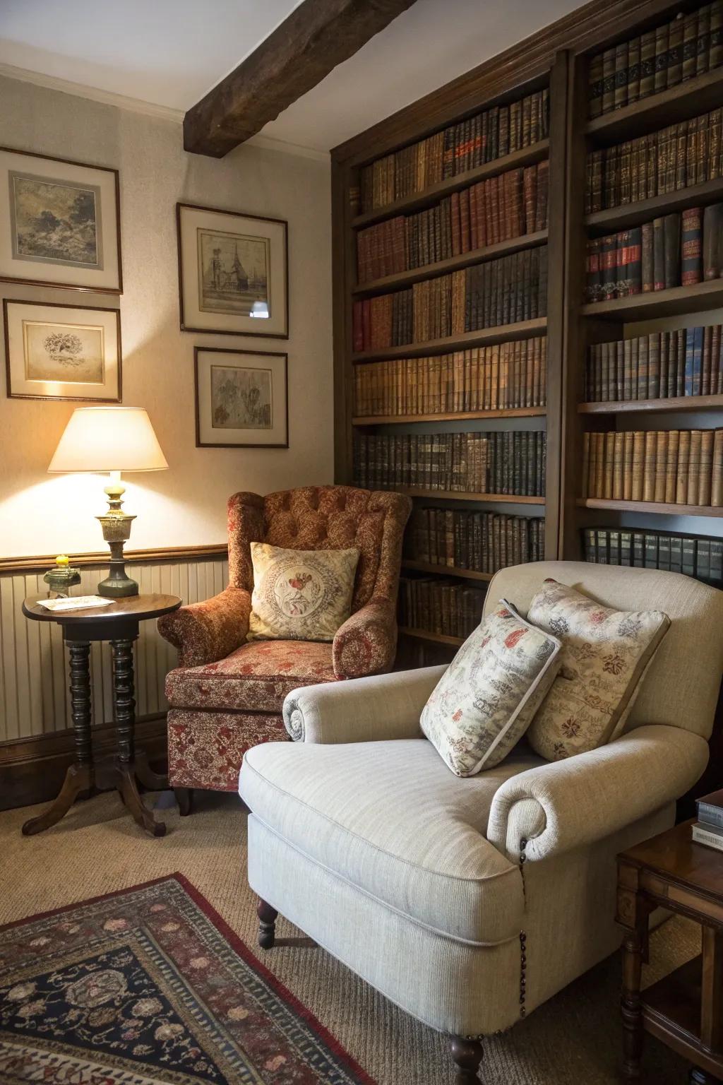 A reading corner adds charm and a space for quiet reflection.