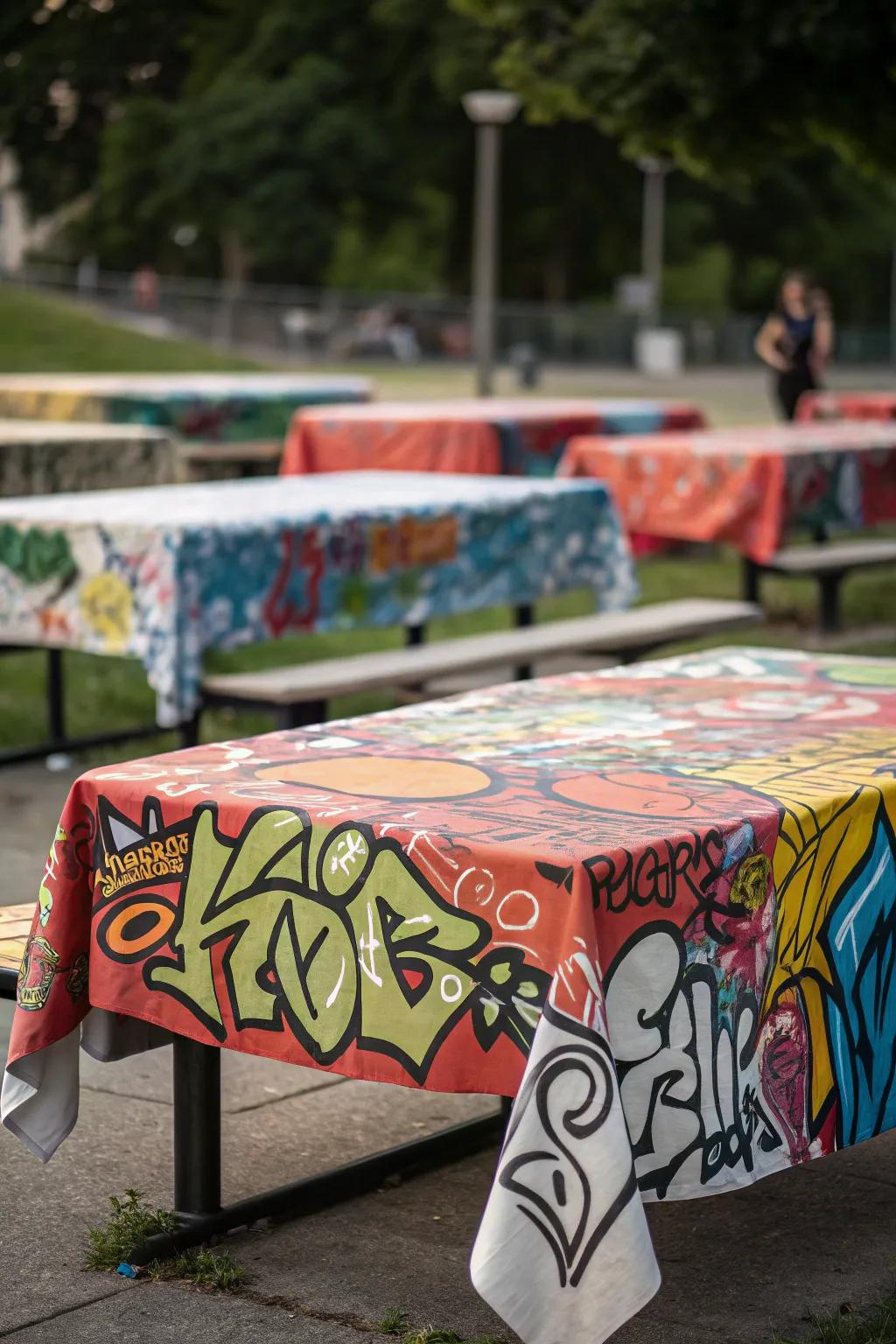 Artistic expression table linens furnish an artistic 90s street vibe.