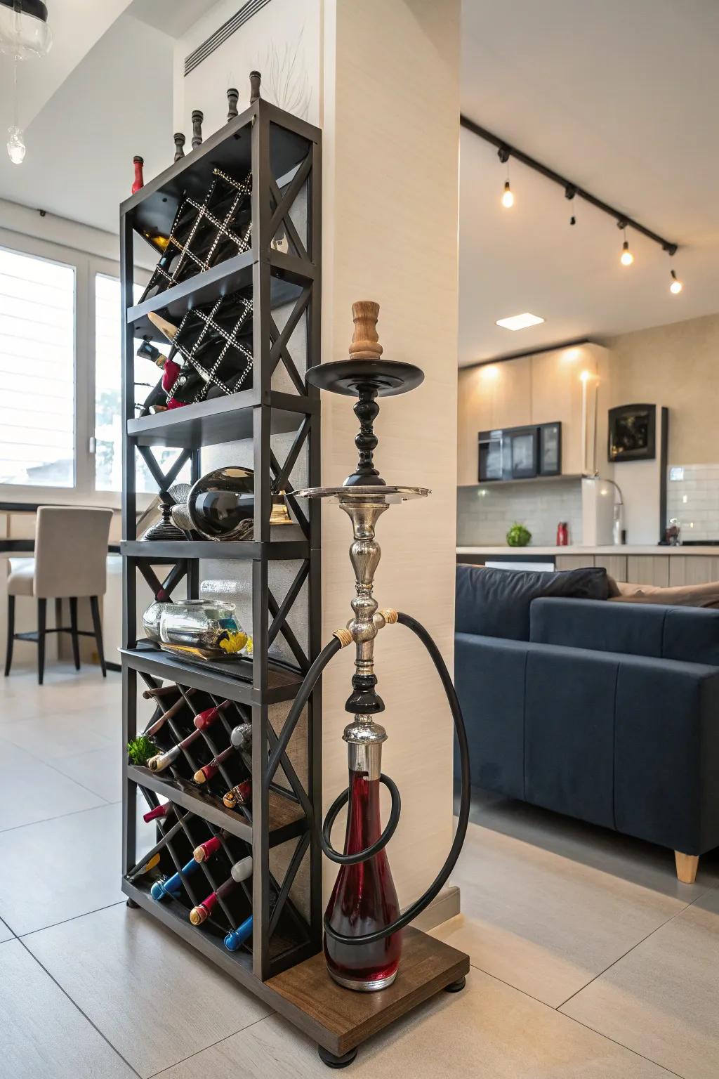 A rack intended for wine bottles has been creatively repurposed to stow pipes.