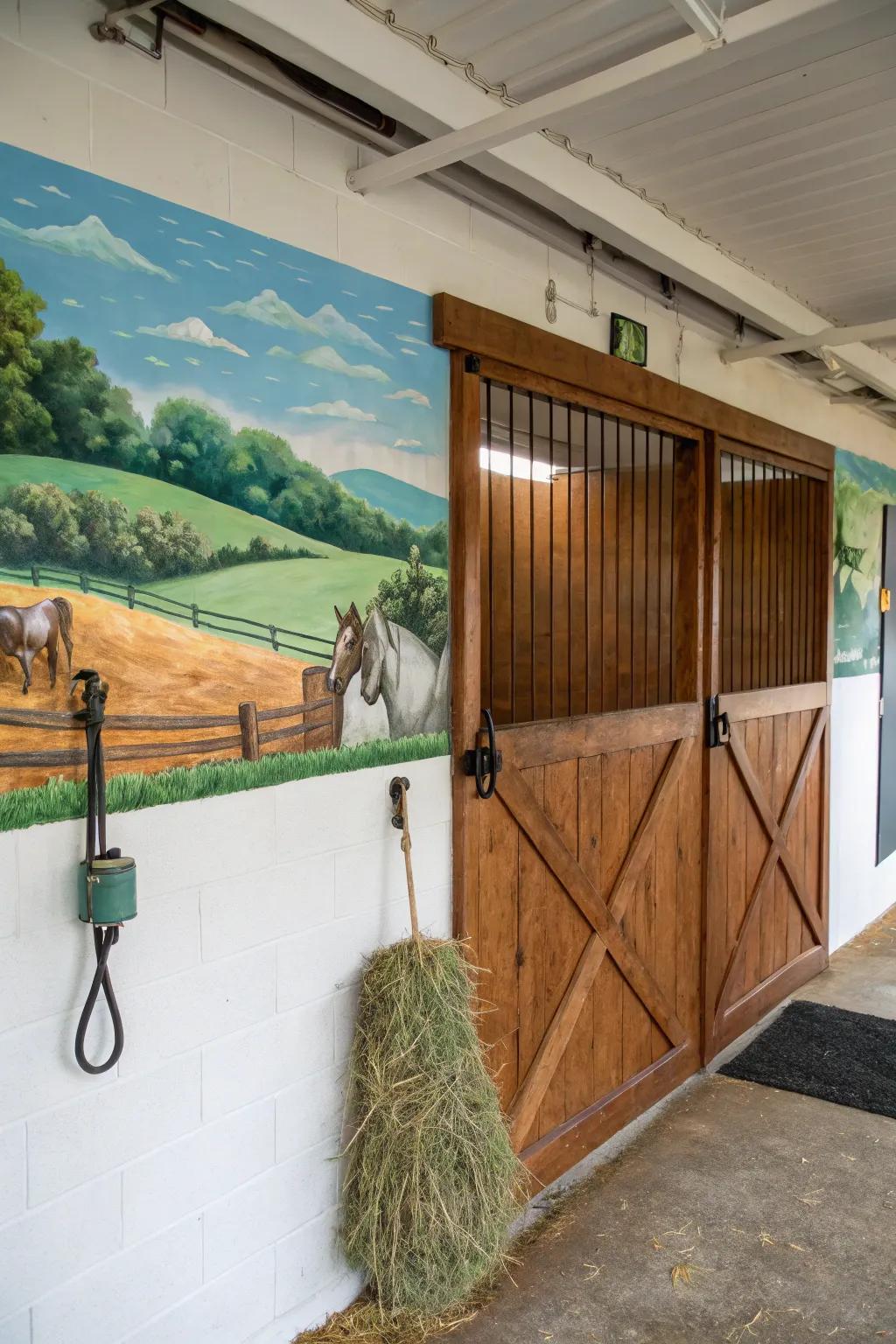 Artistic wall paintings transform stall walls into captivating artworks.