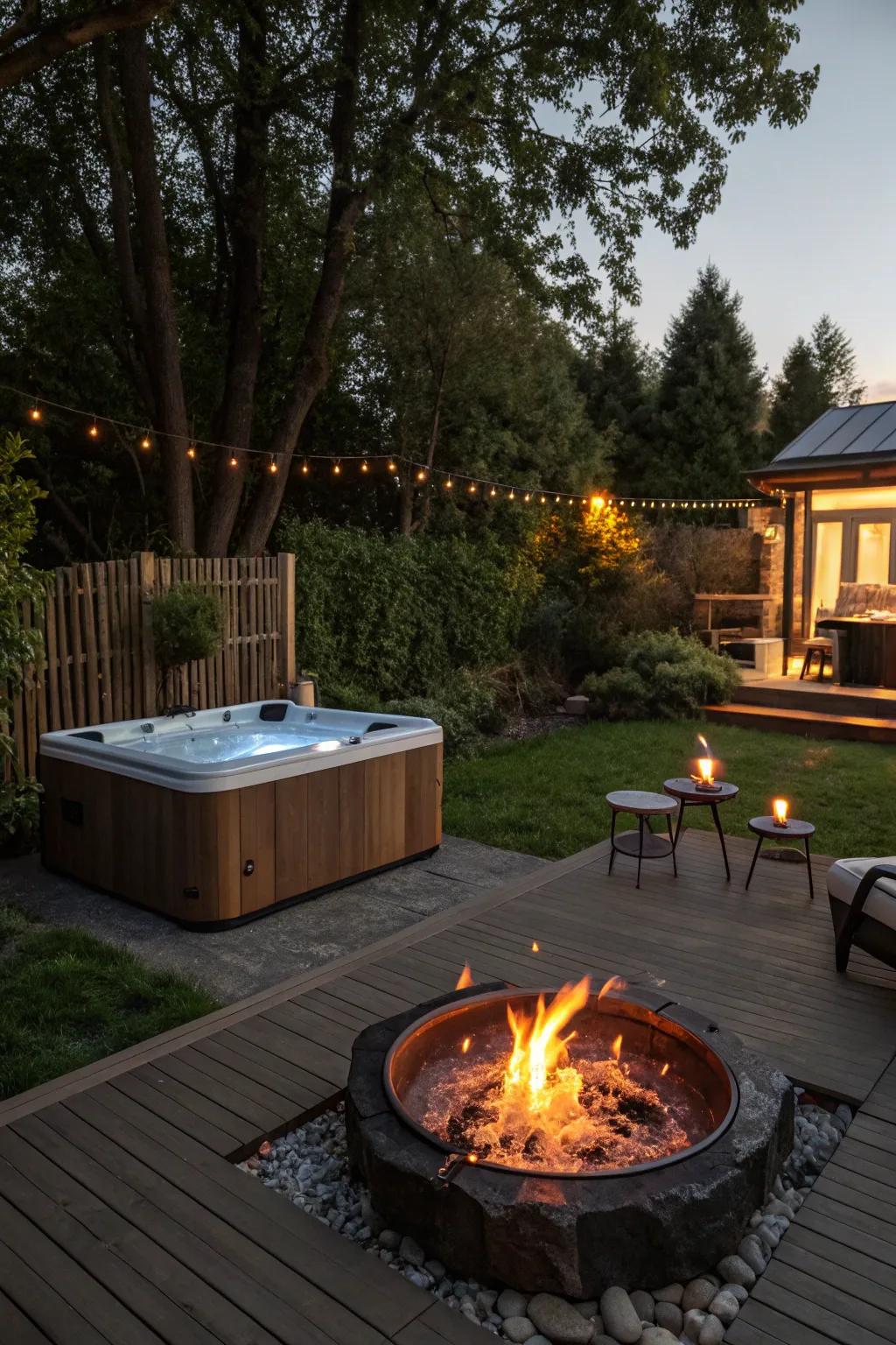 A fire pit contributes warmth and ambiance, suited for chilly evenings.
