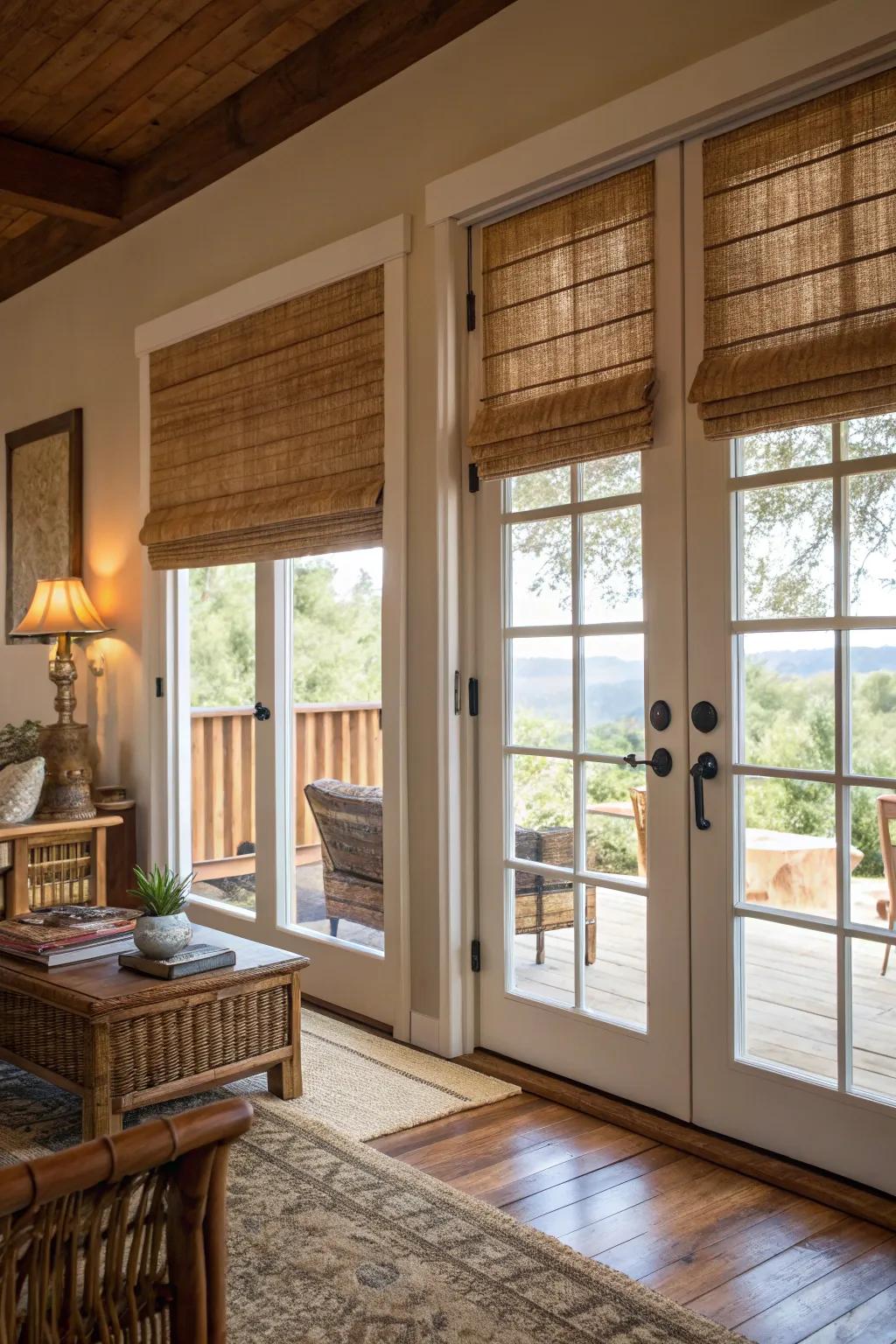 Bamboo shades bring a natural element and privacy to French doors.