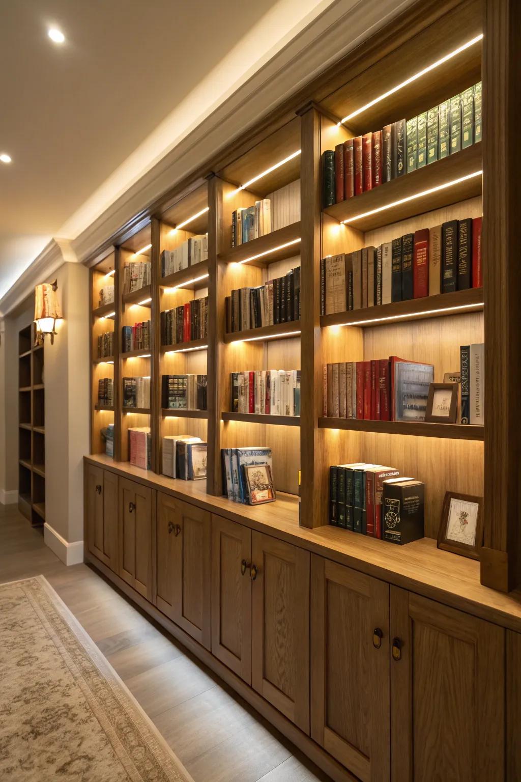 A well-illuminated bookshelf showcasing integrated illumination.