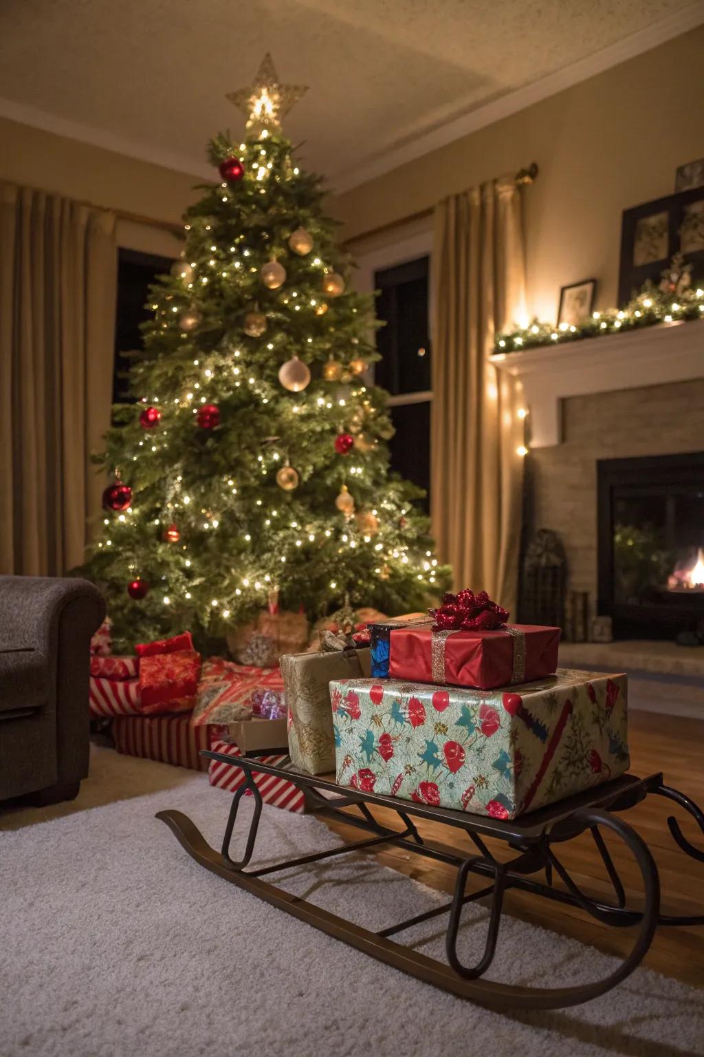 A cozy holiday panorama showcasing a sled and holiday tree