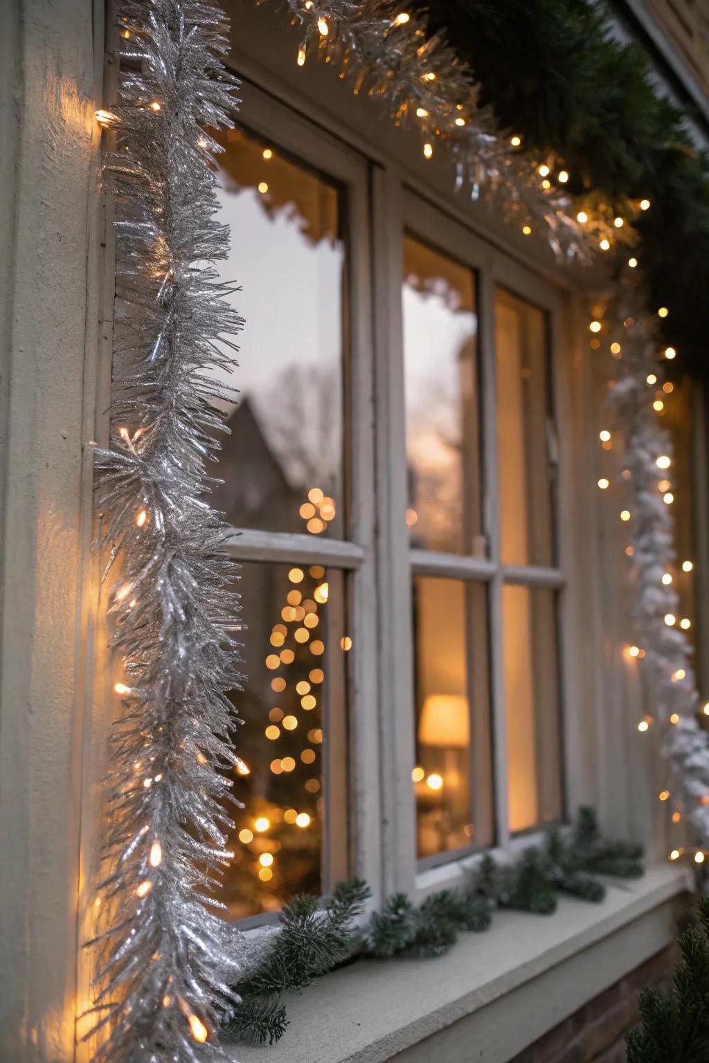 A window beautifully enclosed with glittery strands.