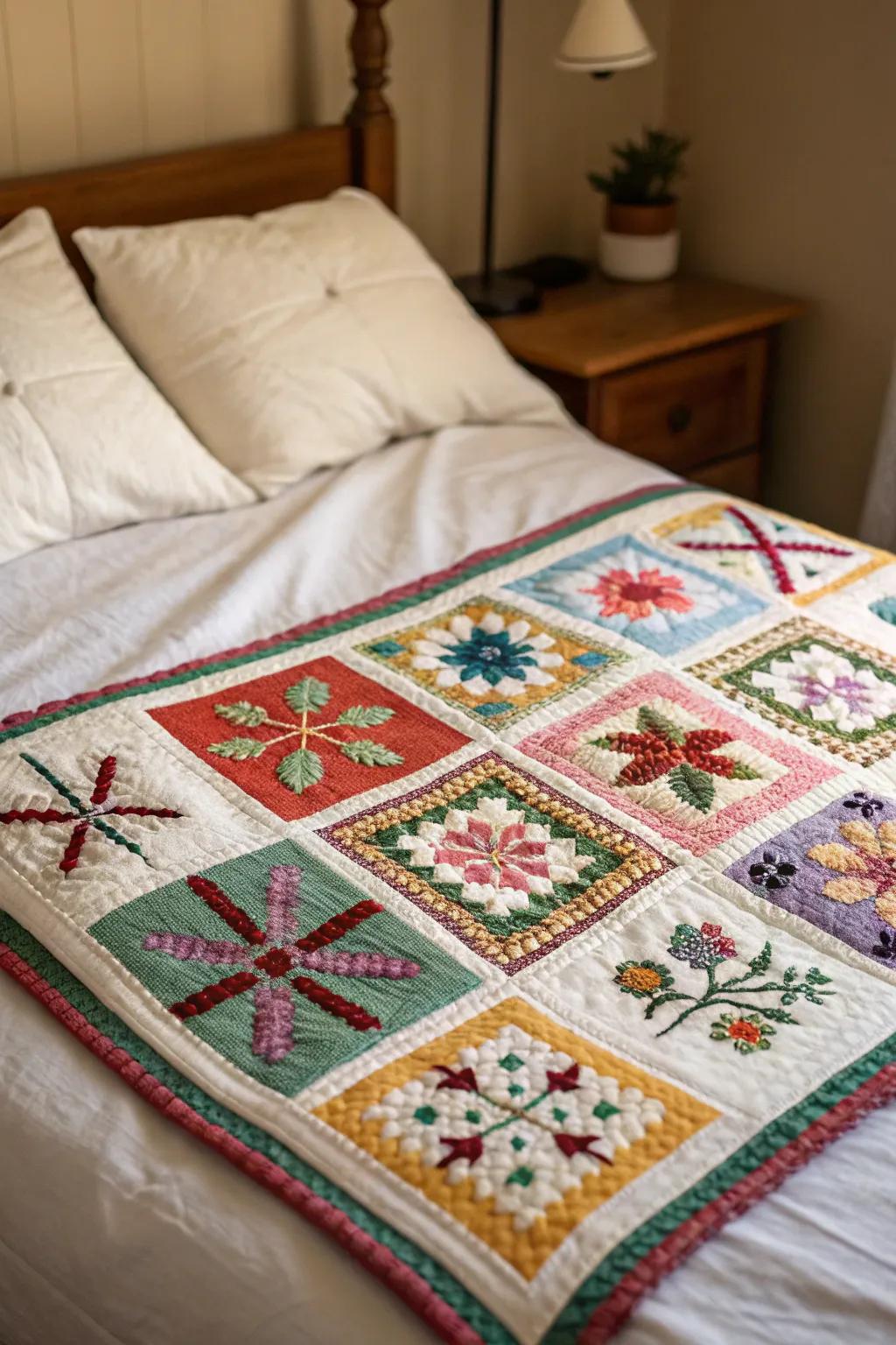 Patchwork fabrics with cross stitch add a personal touch to bedding
