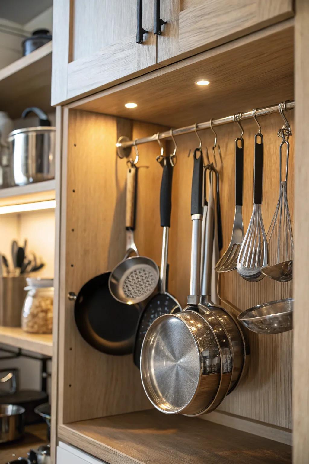 Hang cookware effectively for quick access.