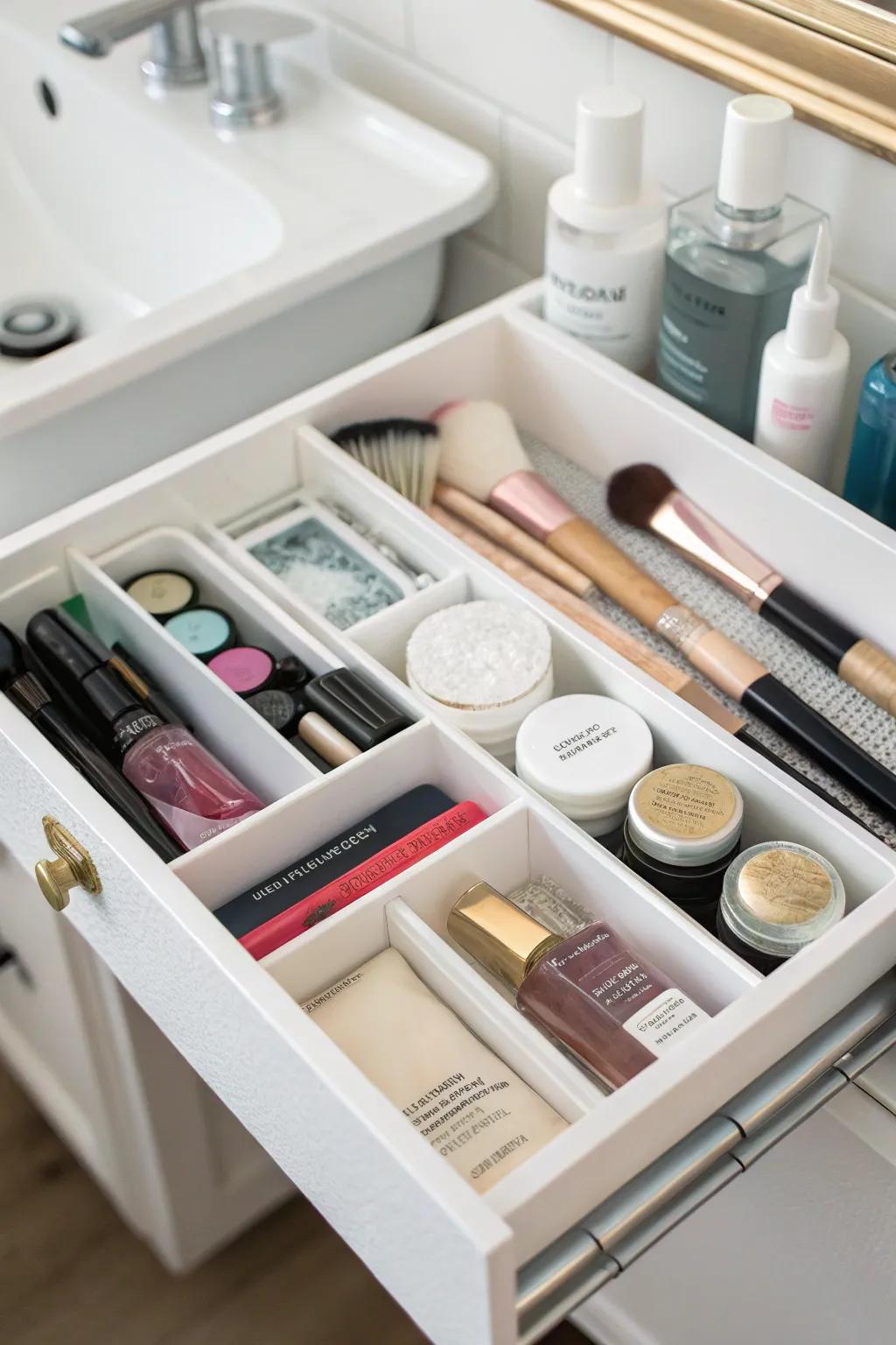 Bathroom drawer with dividers, creating organized zones for cosmetics and tools.