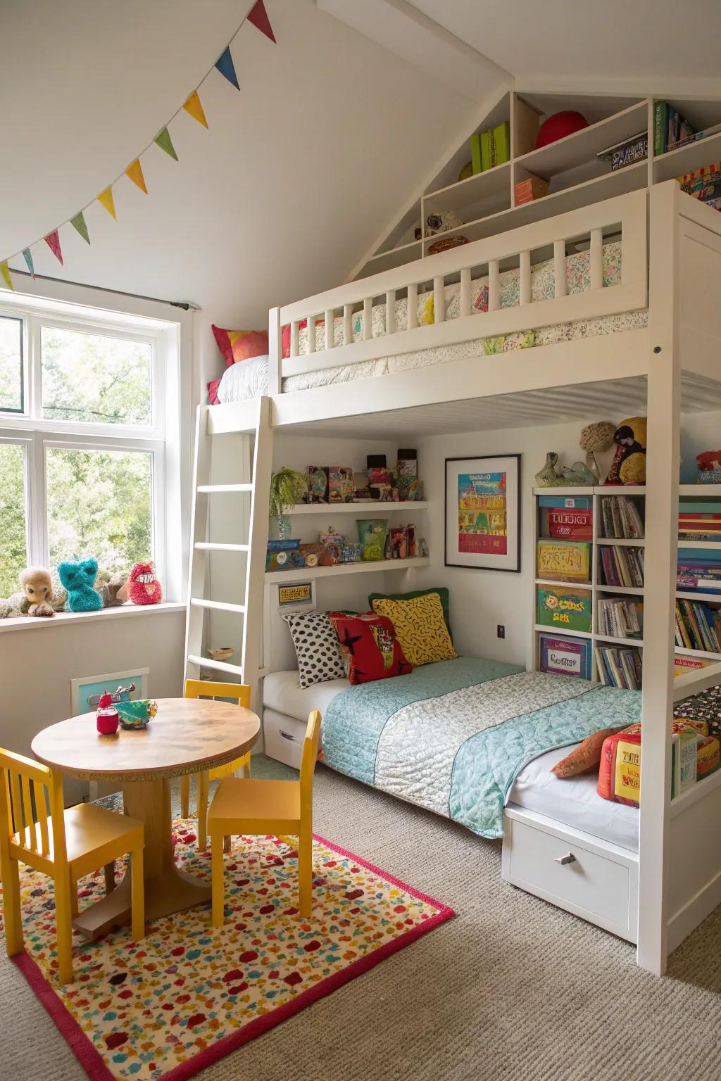 High beds make more space in small rooms.