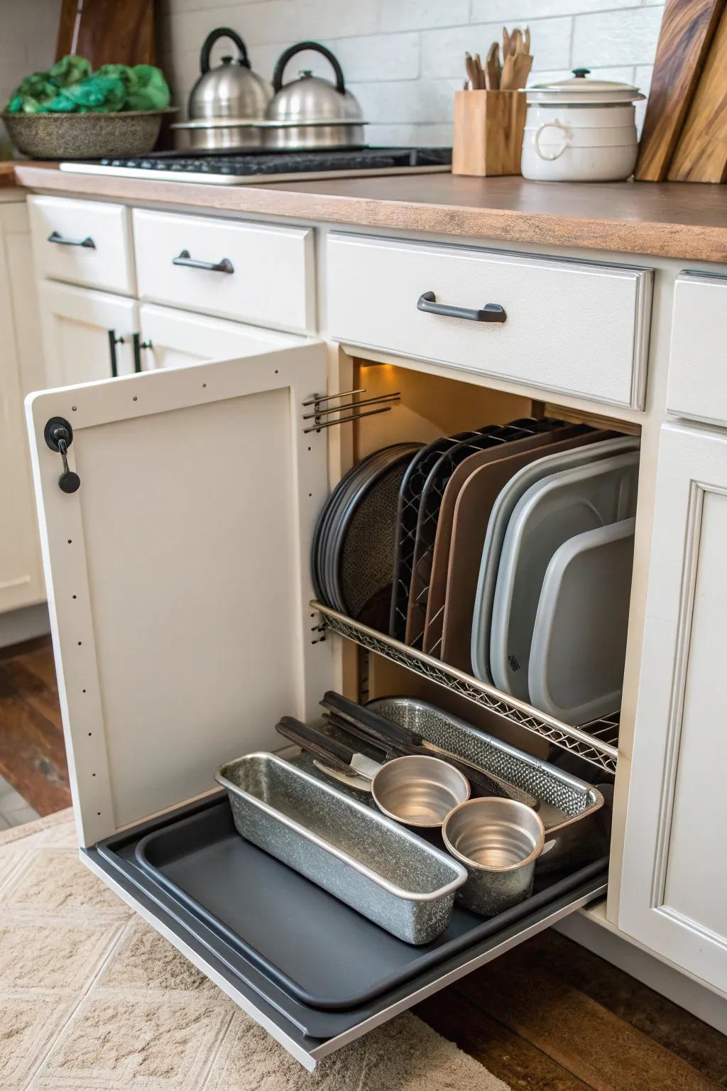 A shoe rack provides a creative solution for organizing bakeware.