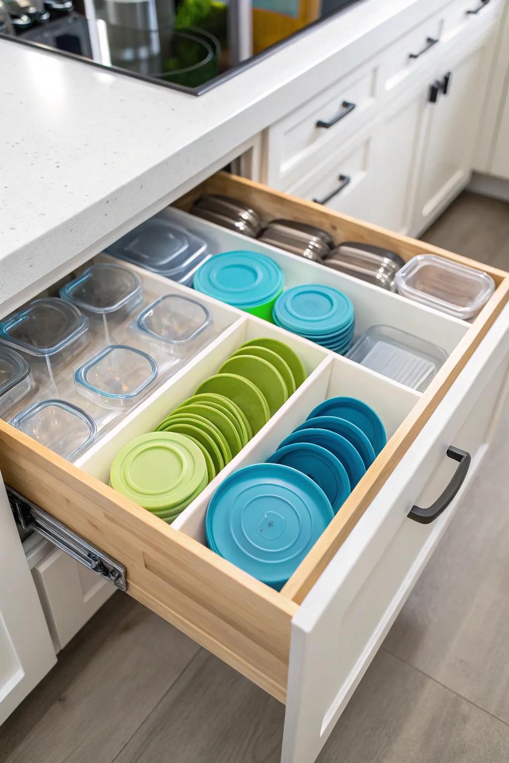 Kitchen drawer showcasing tension rods used to organize plastic lids.