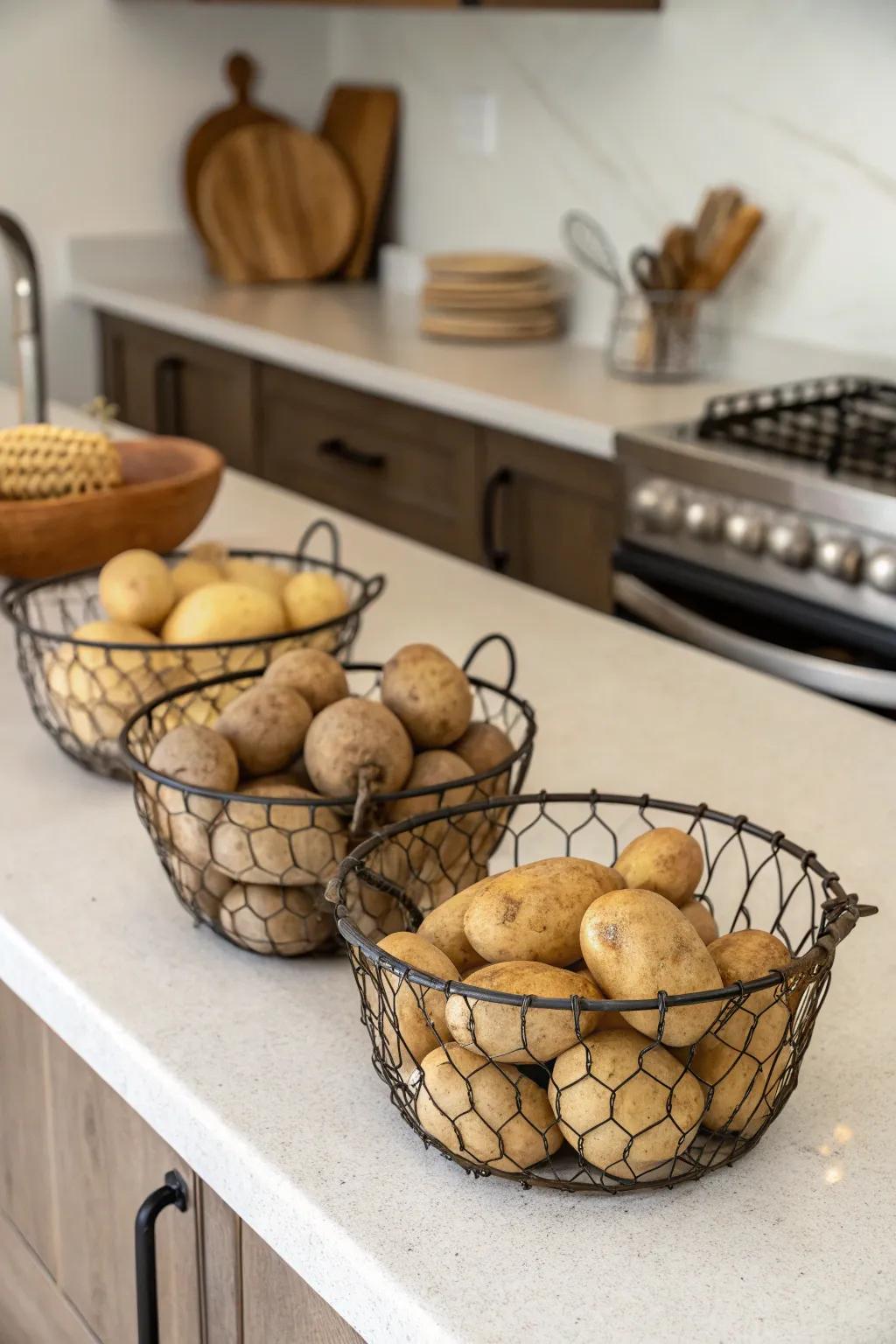 Chic wire baskets maintain potato storage with style.