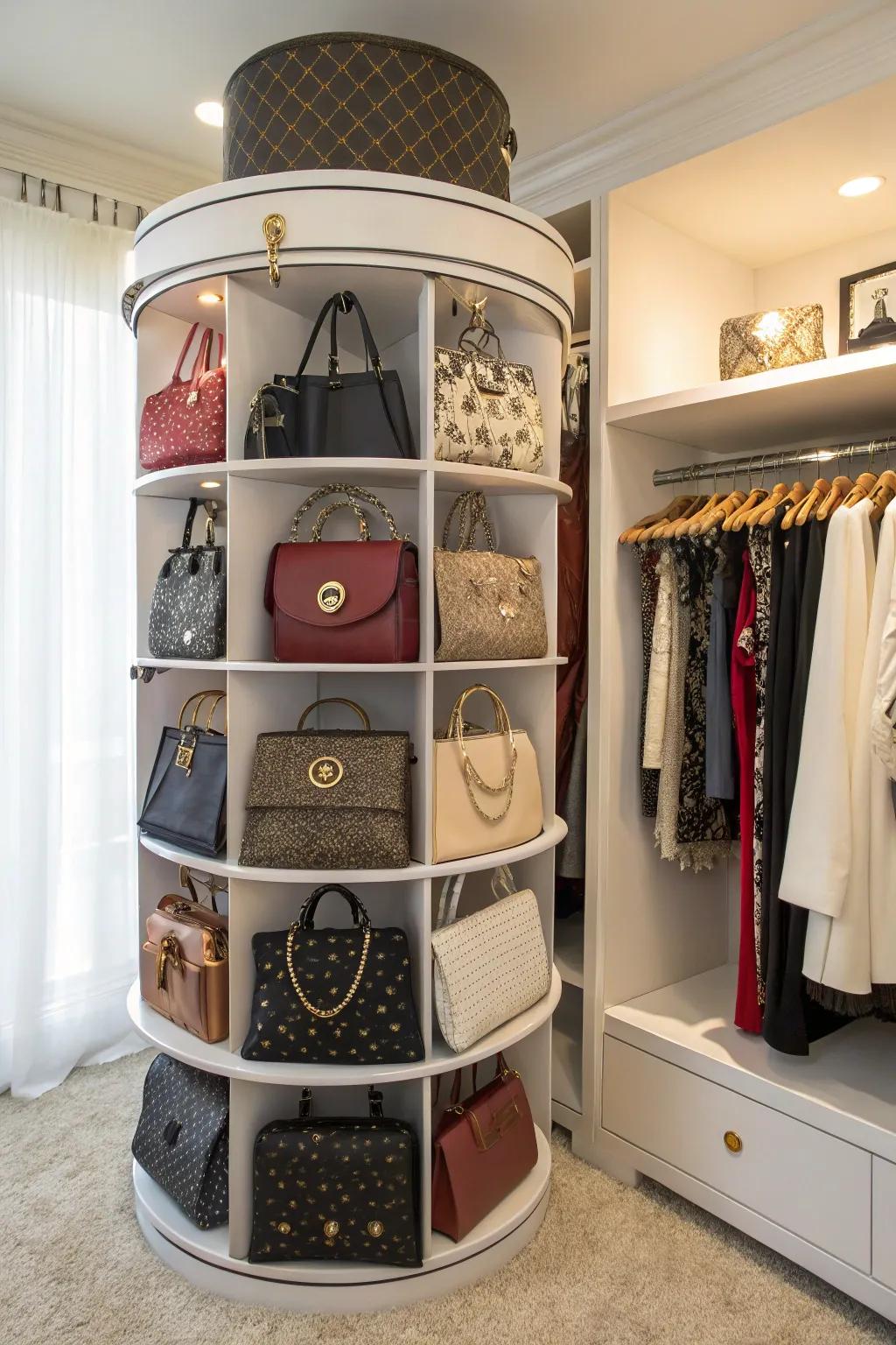 A rotating closet organizer that provides simple access to a meticulously arranged handbag collection.