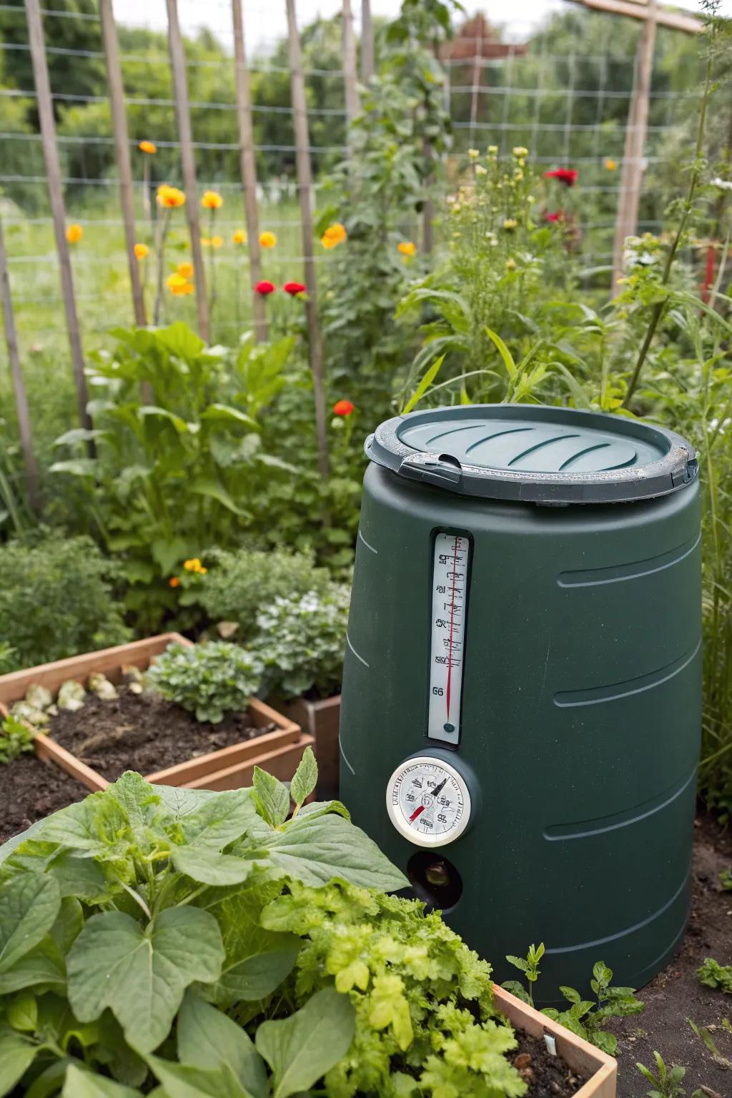 A composting container fitted with a temperature reader gives detailed insights into the composting operation.