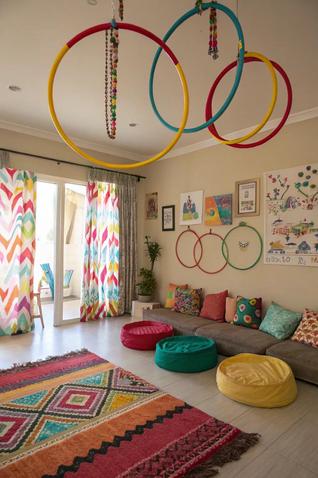 Hula hoops cleverly repurposed as curtain rings, creating a whimsical window feature.