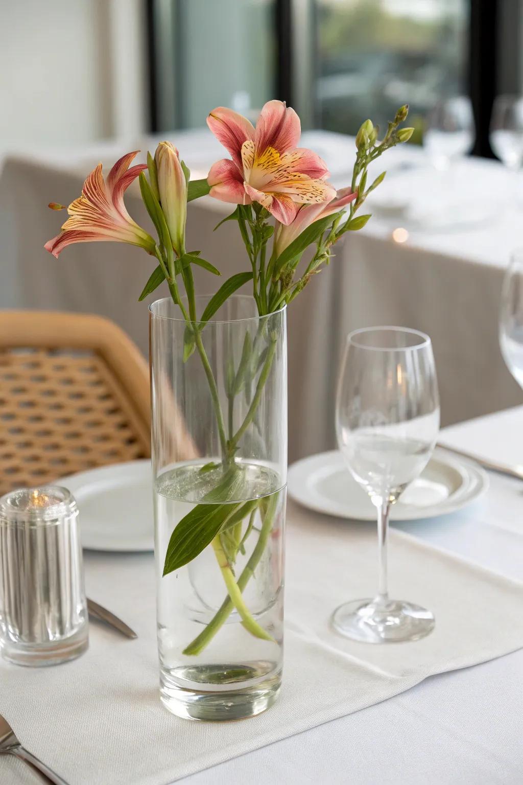A lone stemless flower adrift in a windproof candle holder adds a modest and stylish element.