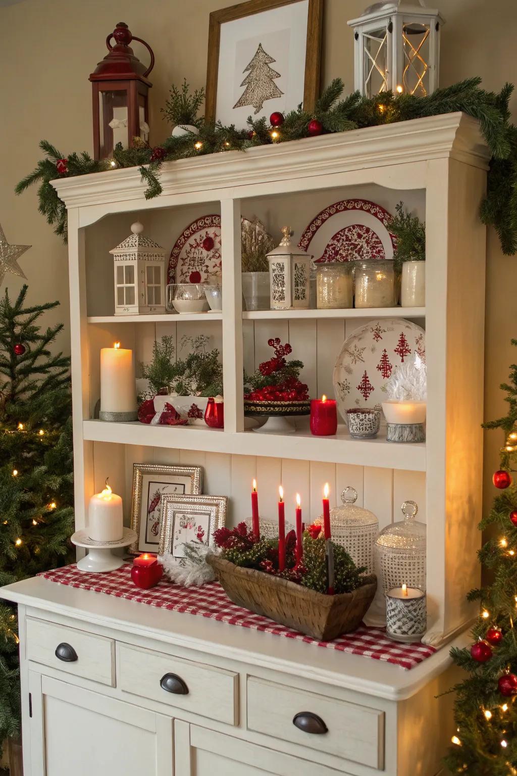 Celebrate holidays with a hutch top arrangement.