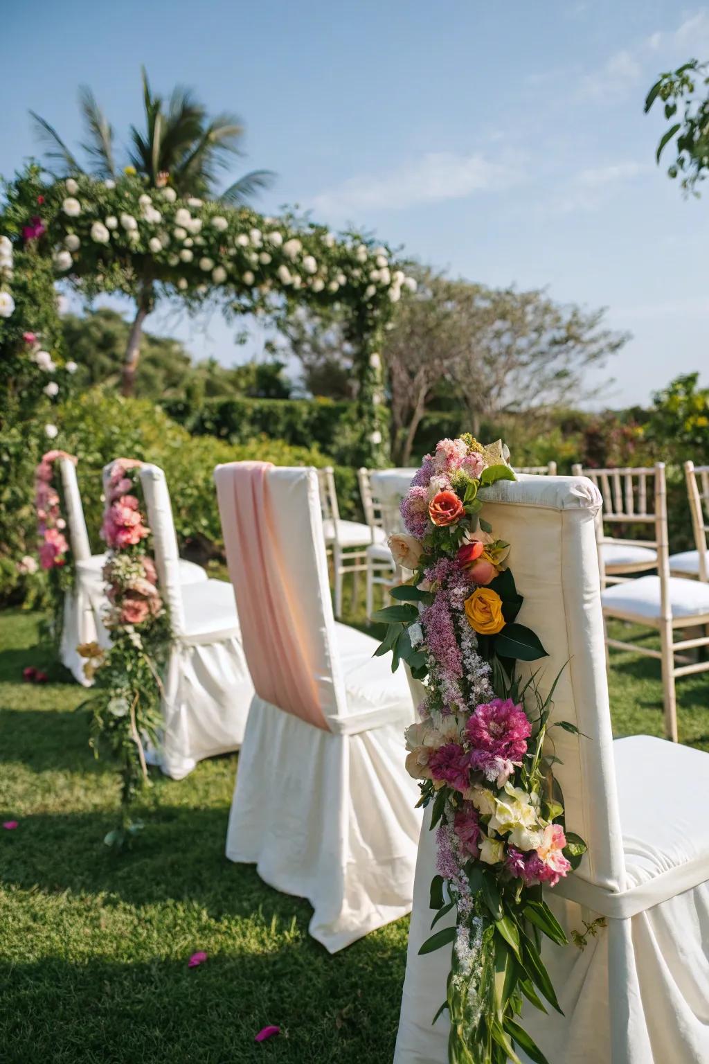 Revitalizing and vibrant flowering-detailed chair wraps.