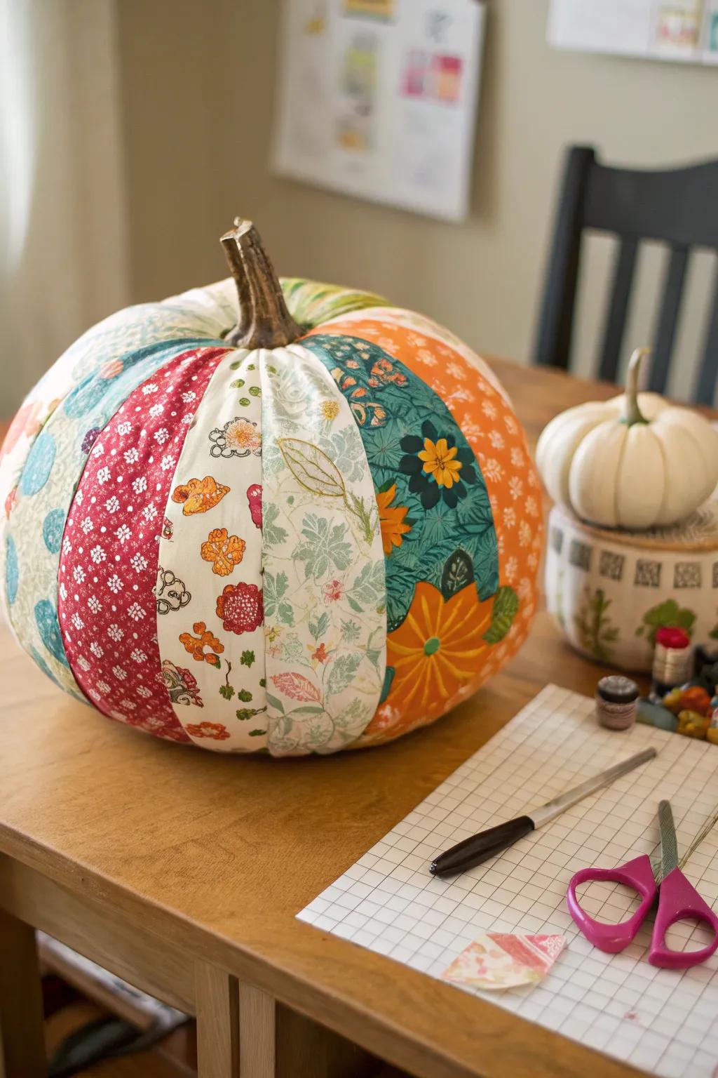 A fabric collage pumpkin that introduces texture and color into the scene.