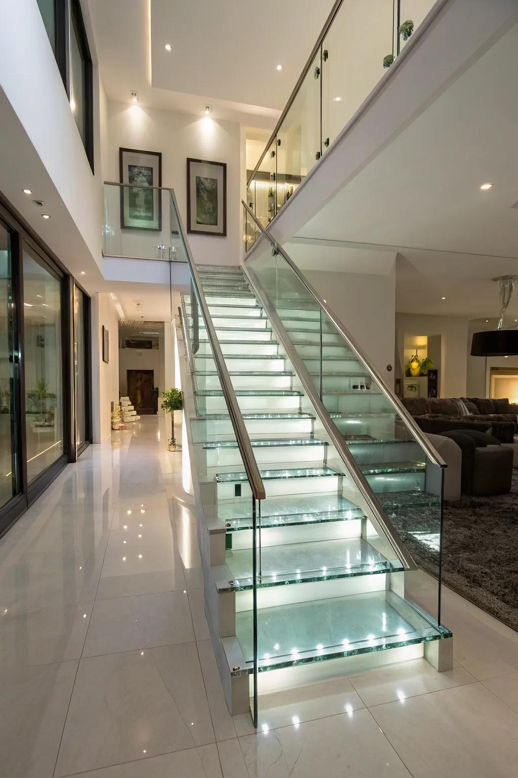 Cultivate an airy atmosphere via sophisticated glass stairs.