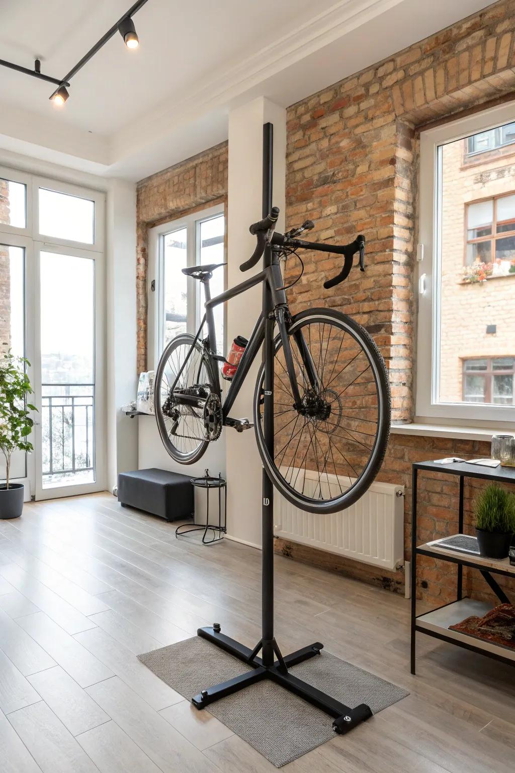 This freestanding vertical rack is a portable bike storage solution.