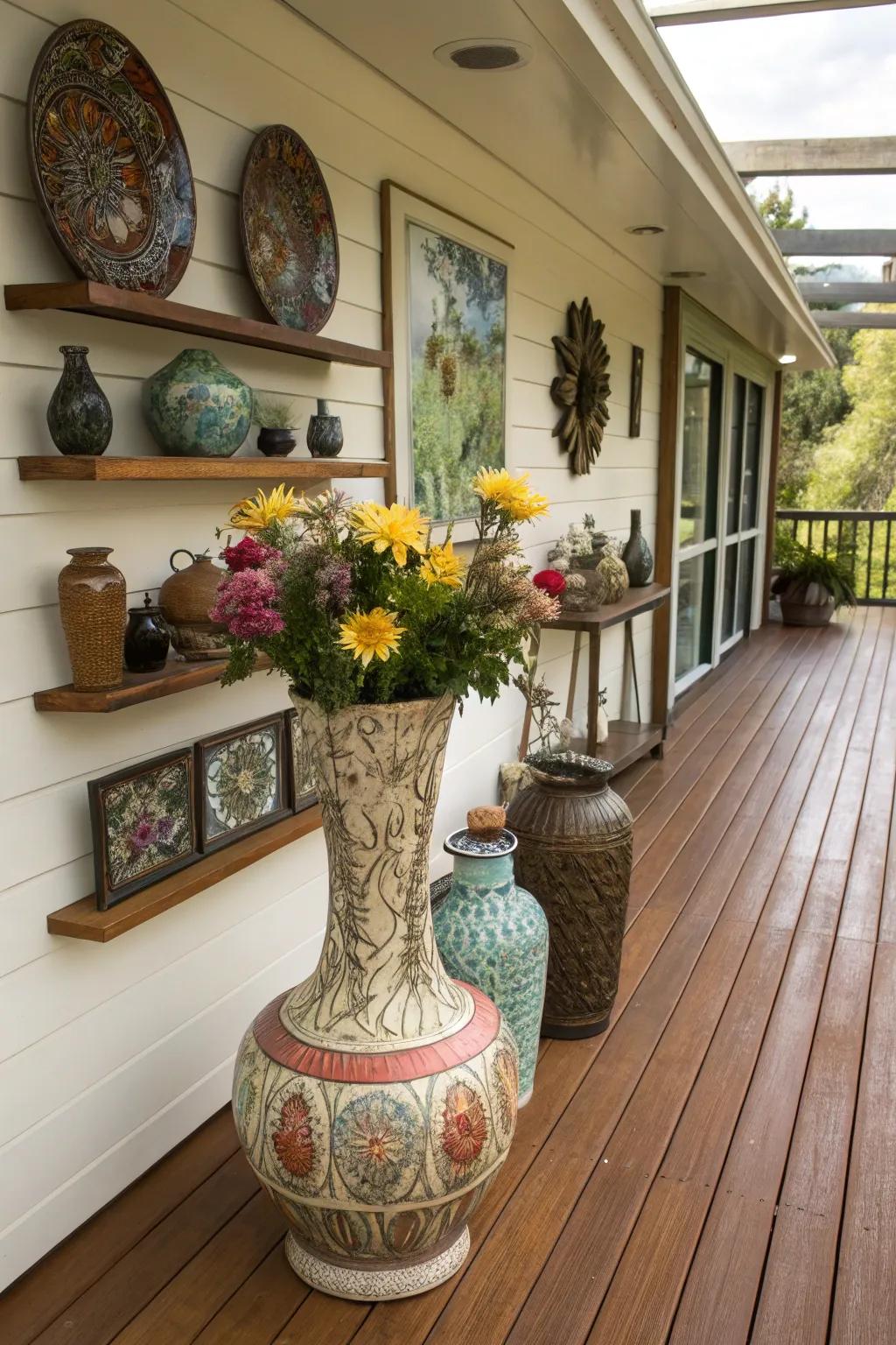 This indoor deck is given personality with ornamental vases and artwork.