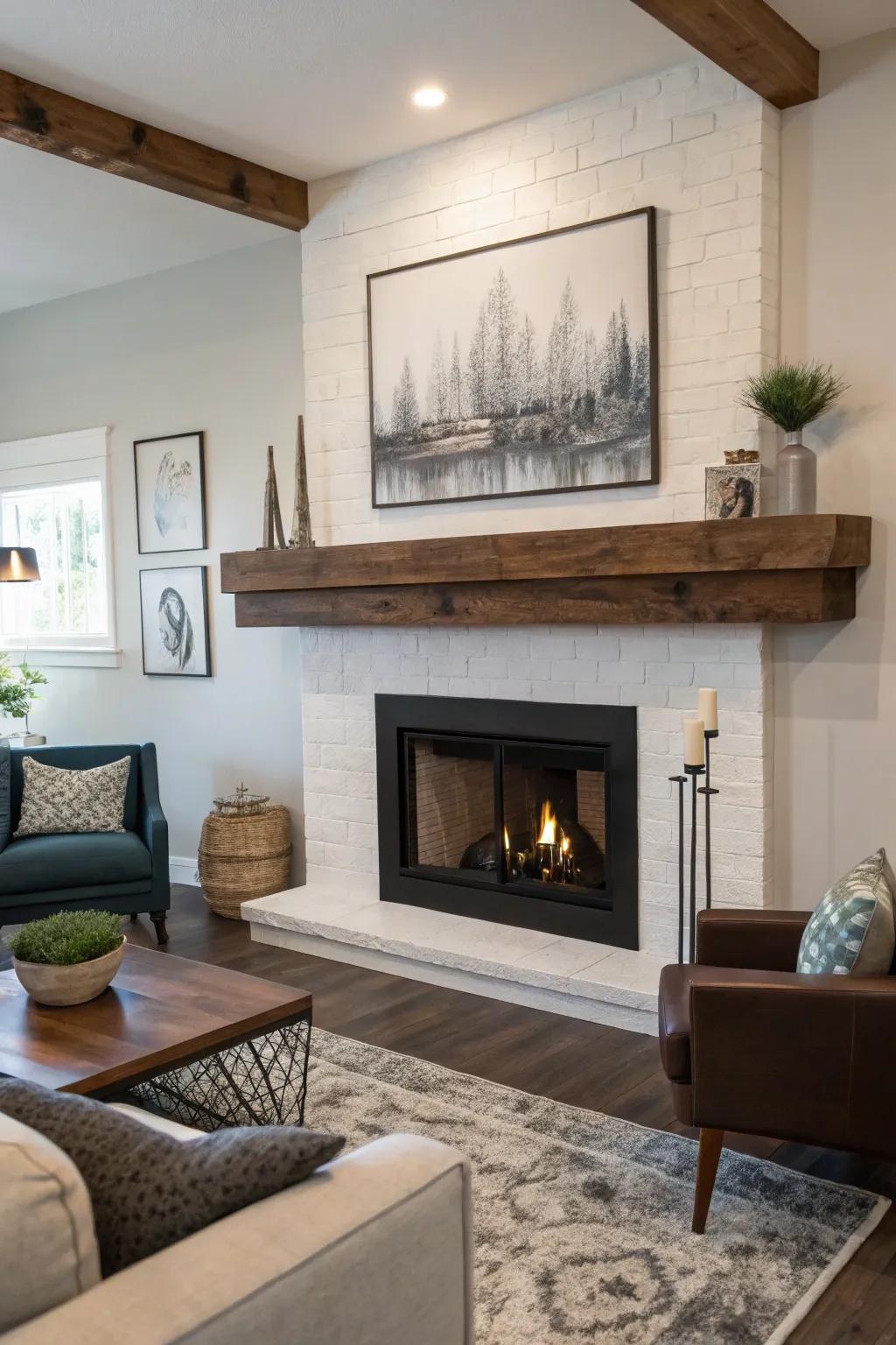 A living area featuring a floating wood mantel above a fireplace, with modern decor highlights.