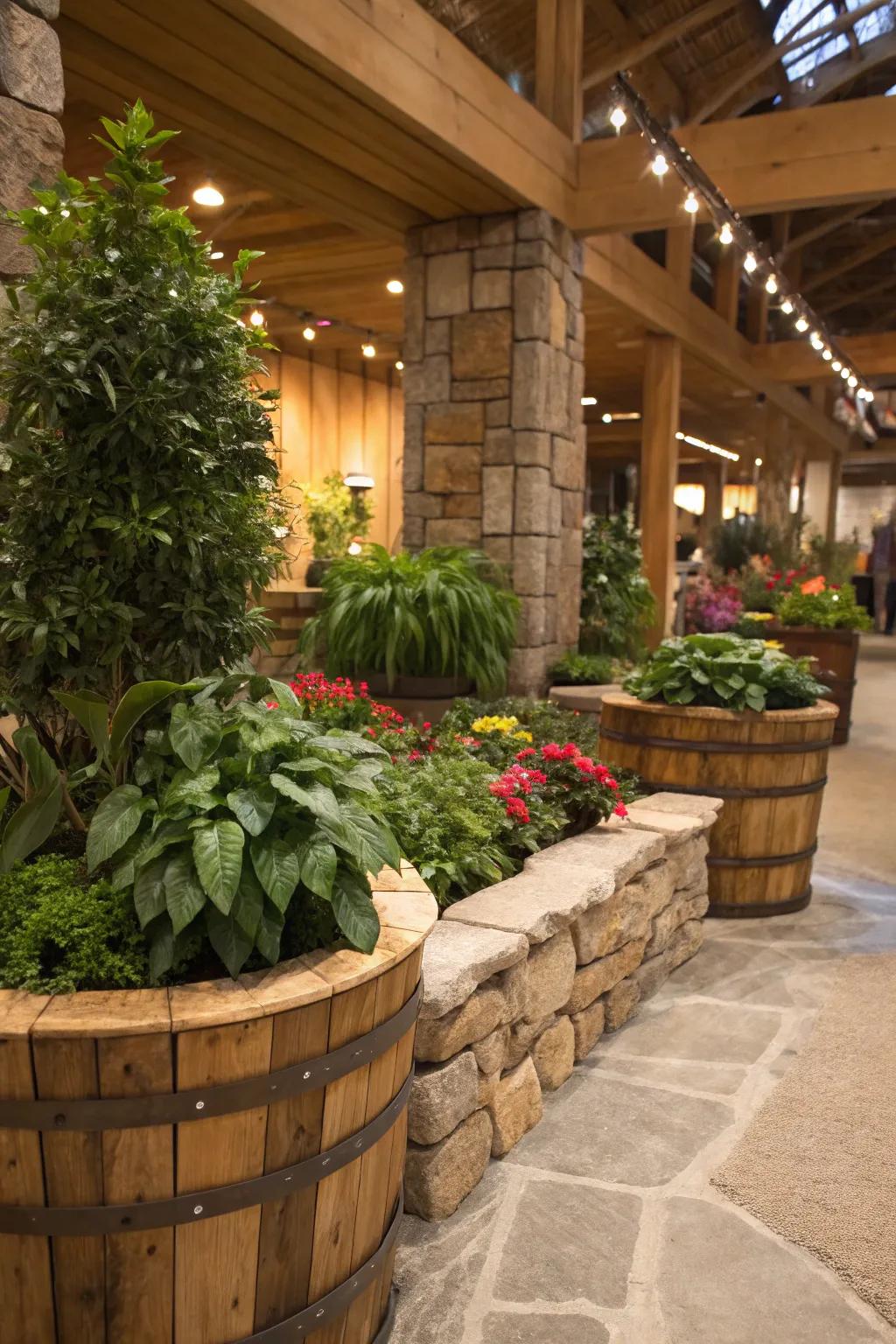 Organic materials amplify the earthy ambiance of an indoor botanical garden.