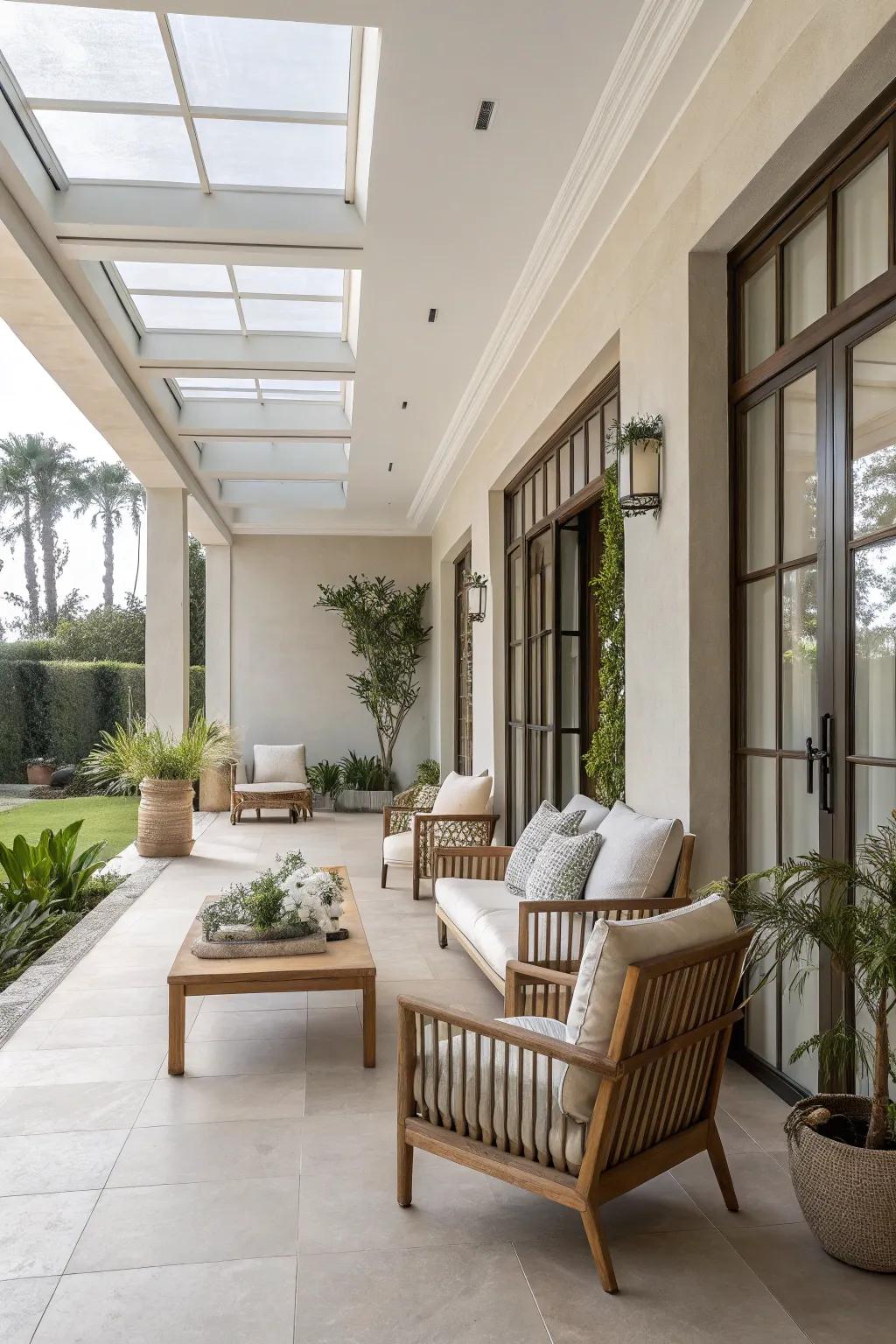 Minimalist design delivers a serene and uncluttered enclosed patio.