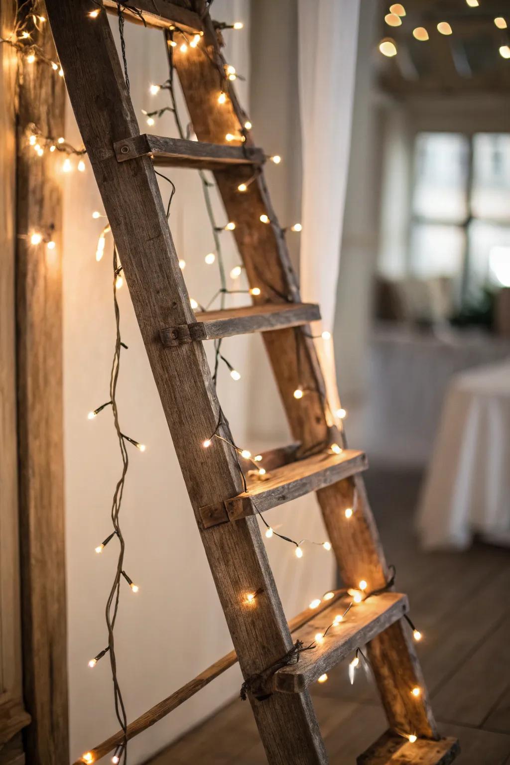 With a rustic ladder decorated with decorative mini-lights, add charm to any space.