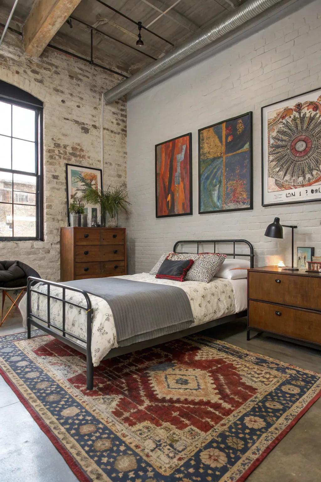 Distinct decor accents infuse personality into this urban sleeping quarters.