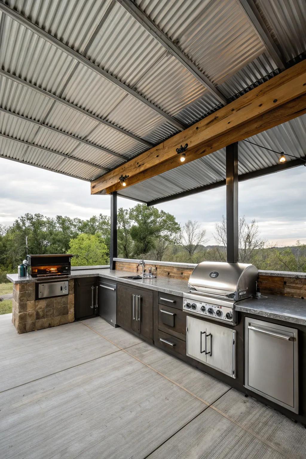 Industrial chic incorporating durable rippled metallic roofing.