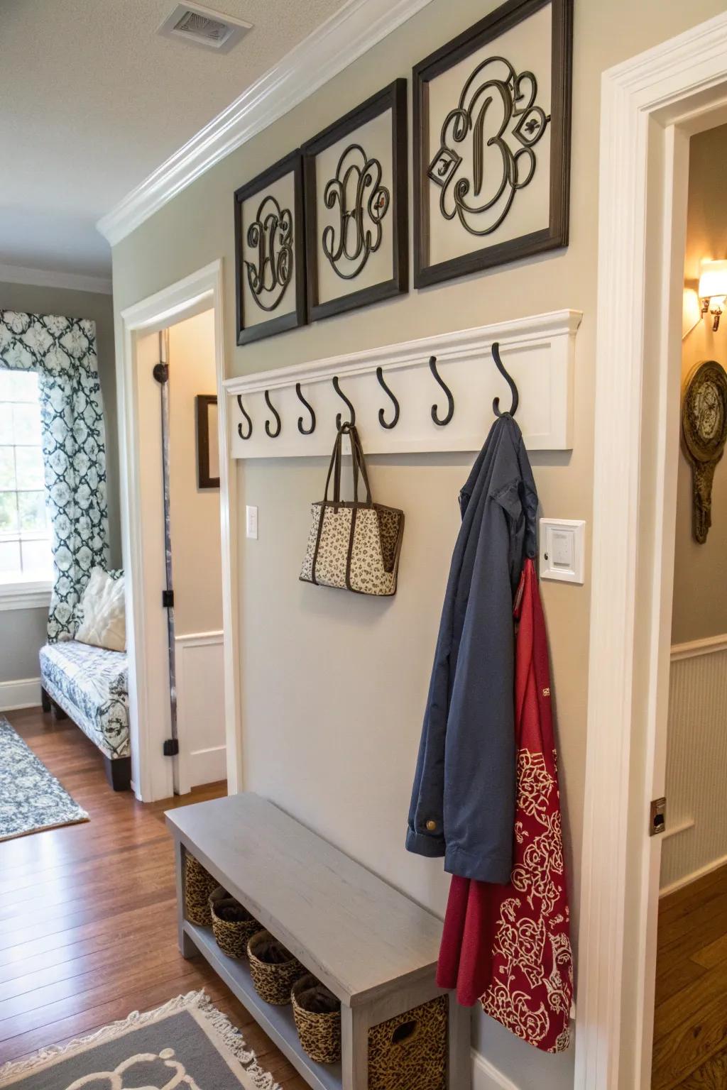 Keep items tidy with stylish initialed wall hooks.