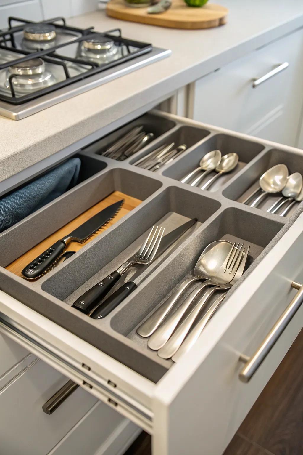 With customizable drawer organizers, utensils find their perfect place, neatly arranged.