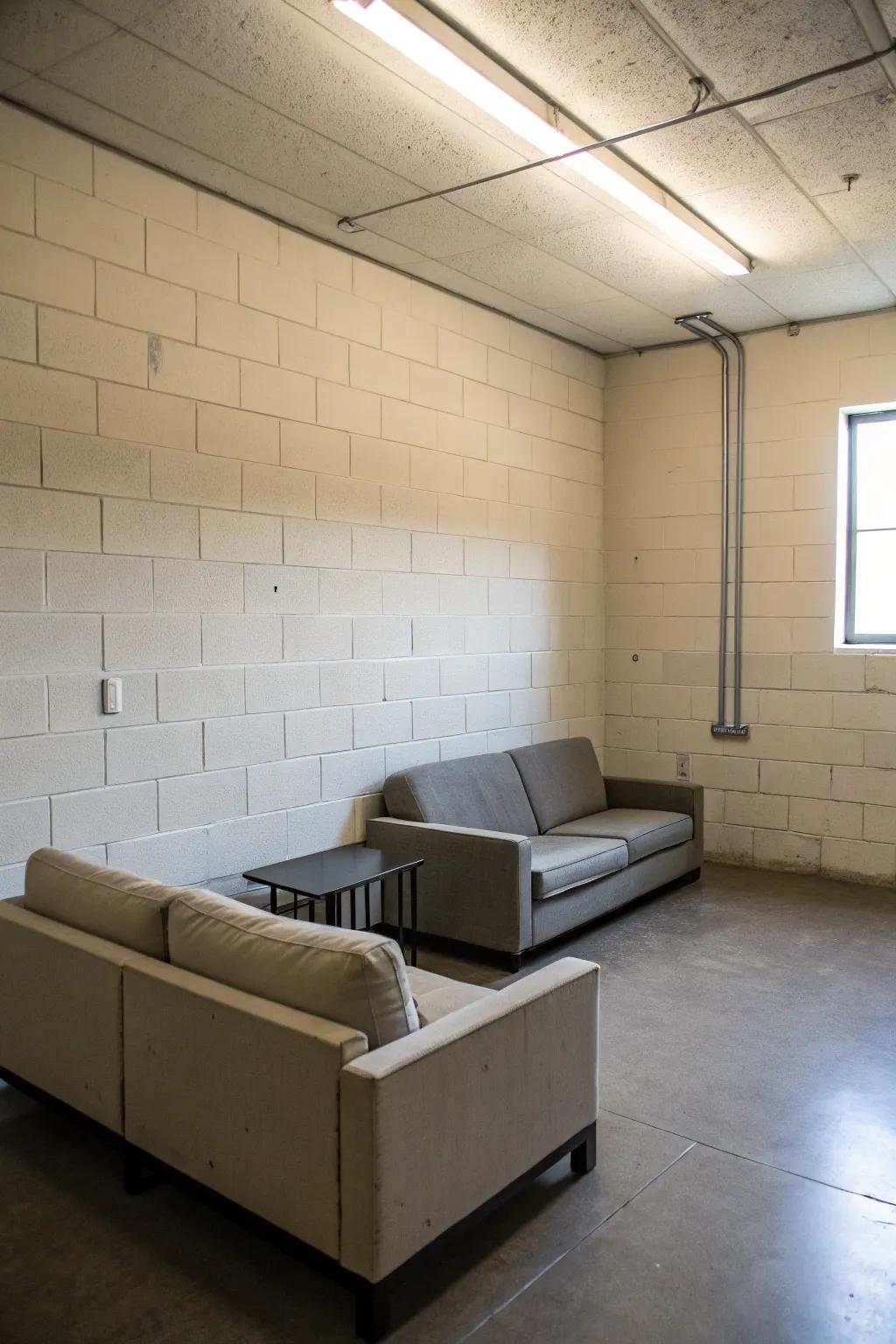A minimalist room showcasing a plain cinder block wall.