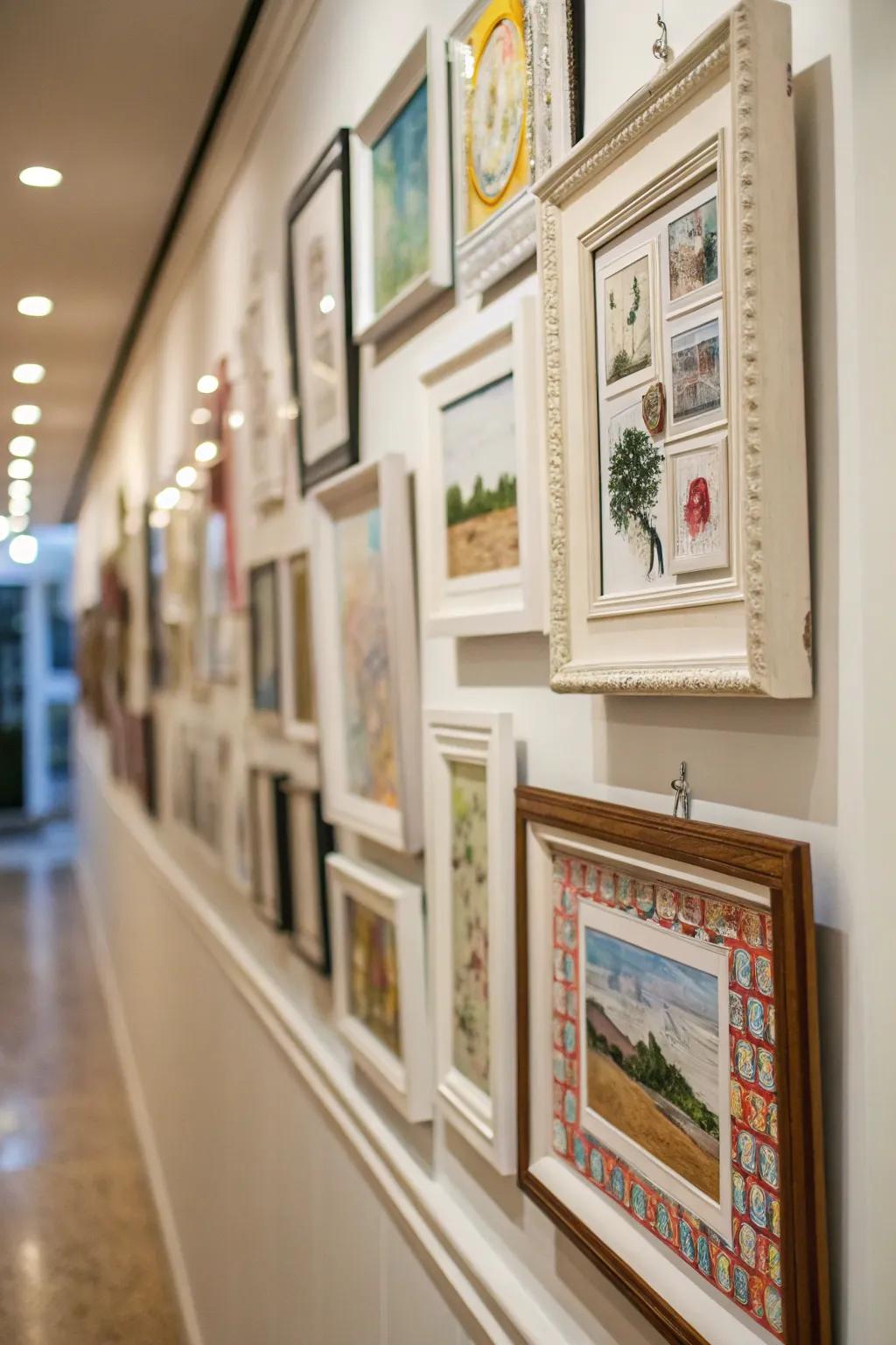 A gallery-like wall featuring artwork showcased with picture frame accents.