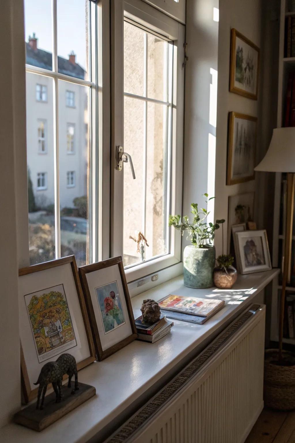 Evoke a gallery-like atmosphere with art exhibited on your window sill.