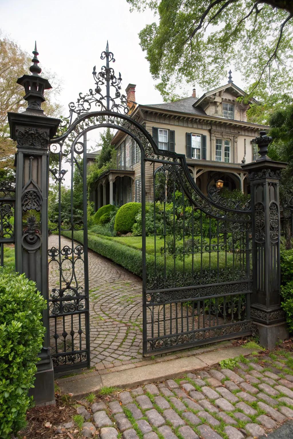 A charming Queen Anne-style iron entrance featuring detailed designs.