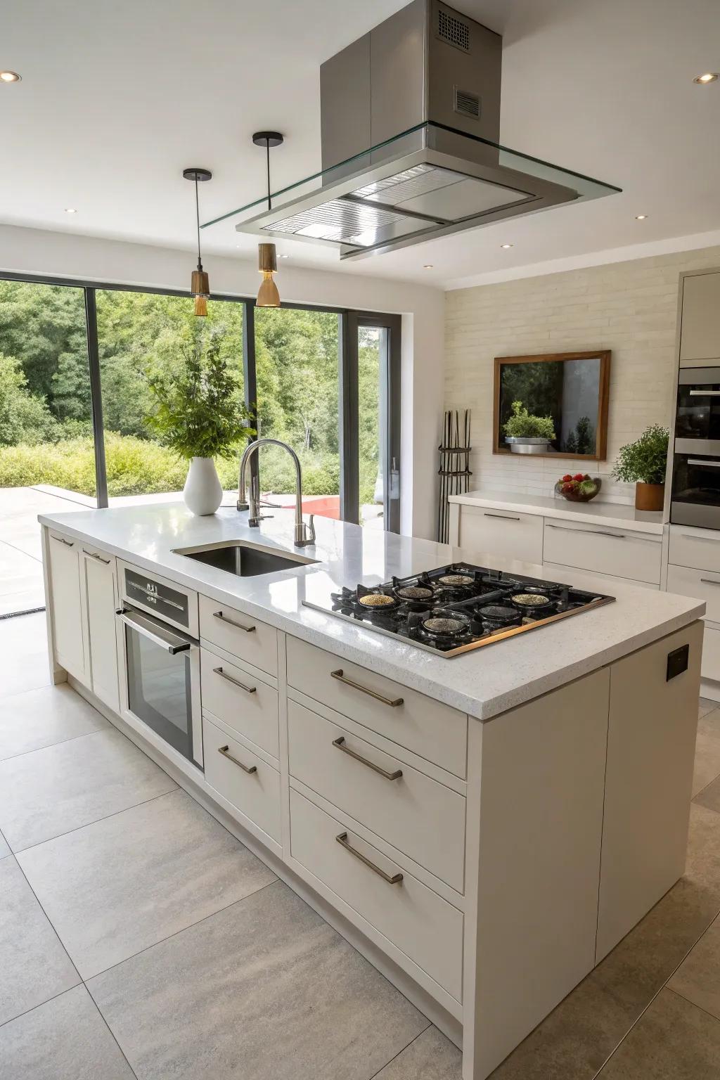 Integrated appliances make a kitchen island highly functional and efficient.