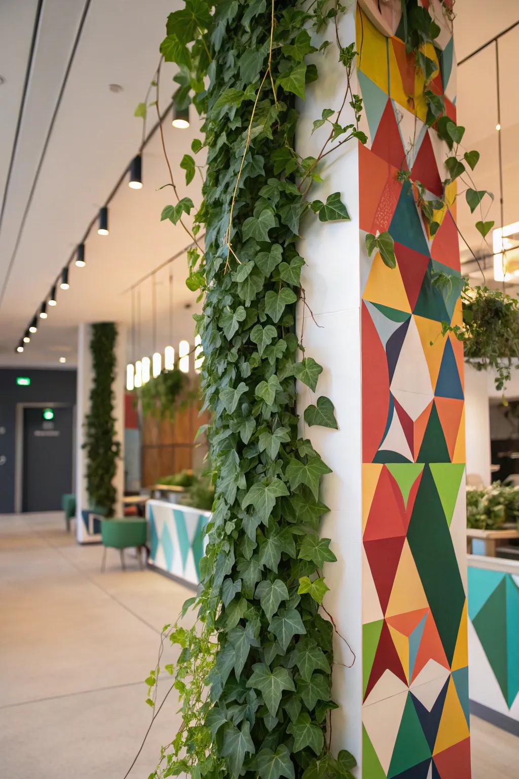 A unique greenery wall display featuring creative geometric patterns.