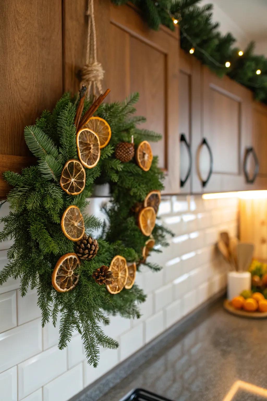 Citrus and evergreen fashion a revitalizing and fragrant winter garland.