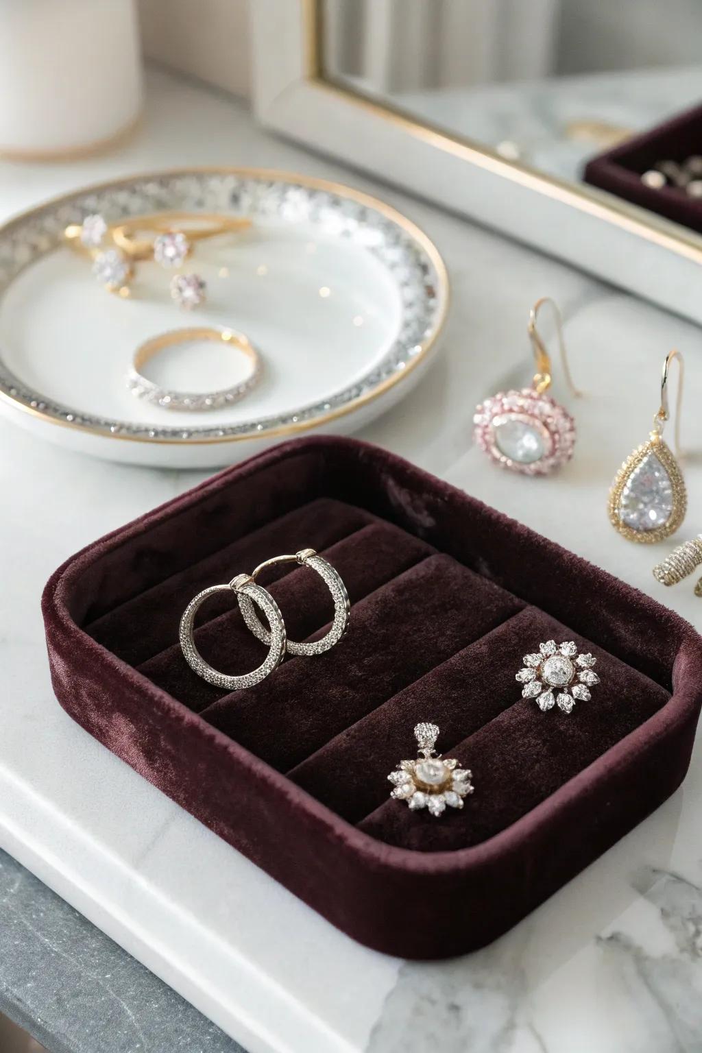 A velvet-adorned dish for a sumptuous jewelry array