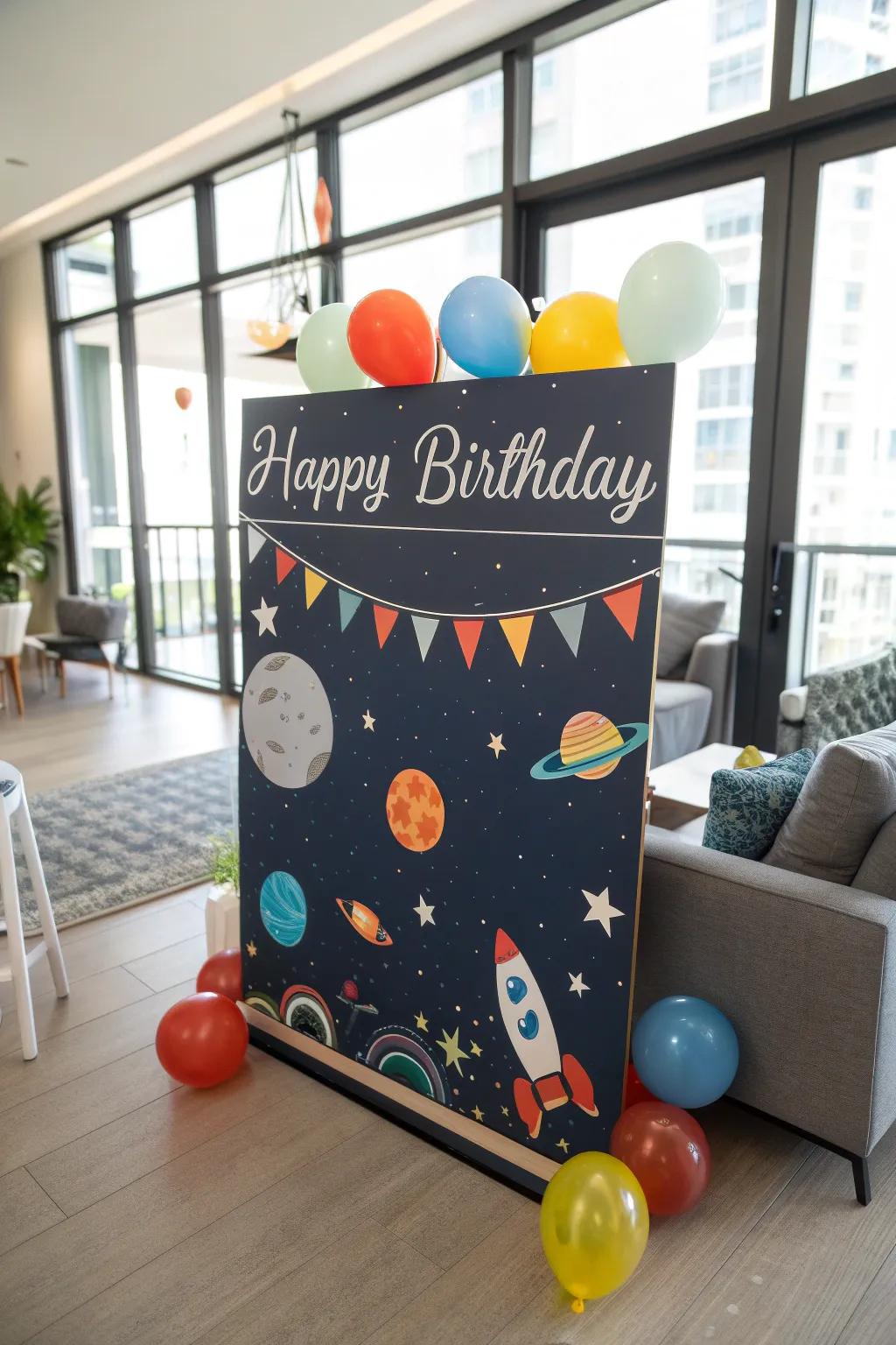 A space-themed birthday board that offers a cosmic celebration.