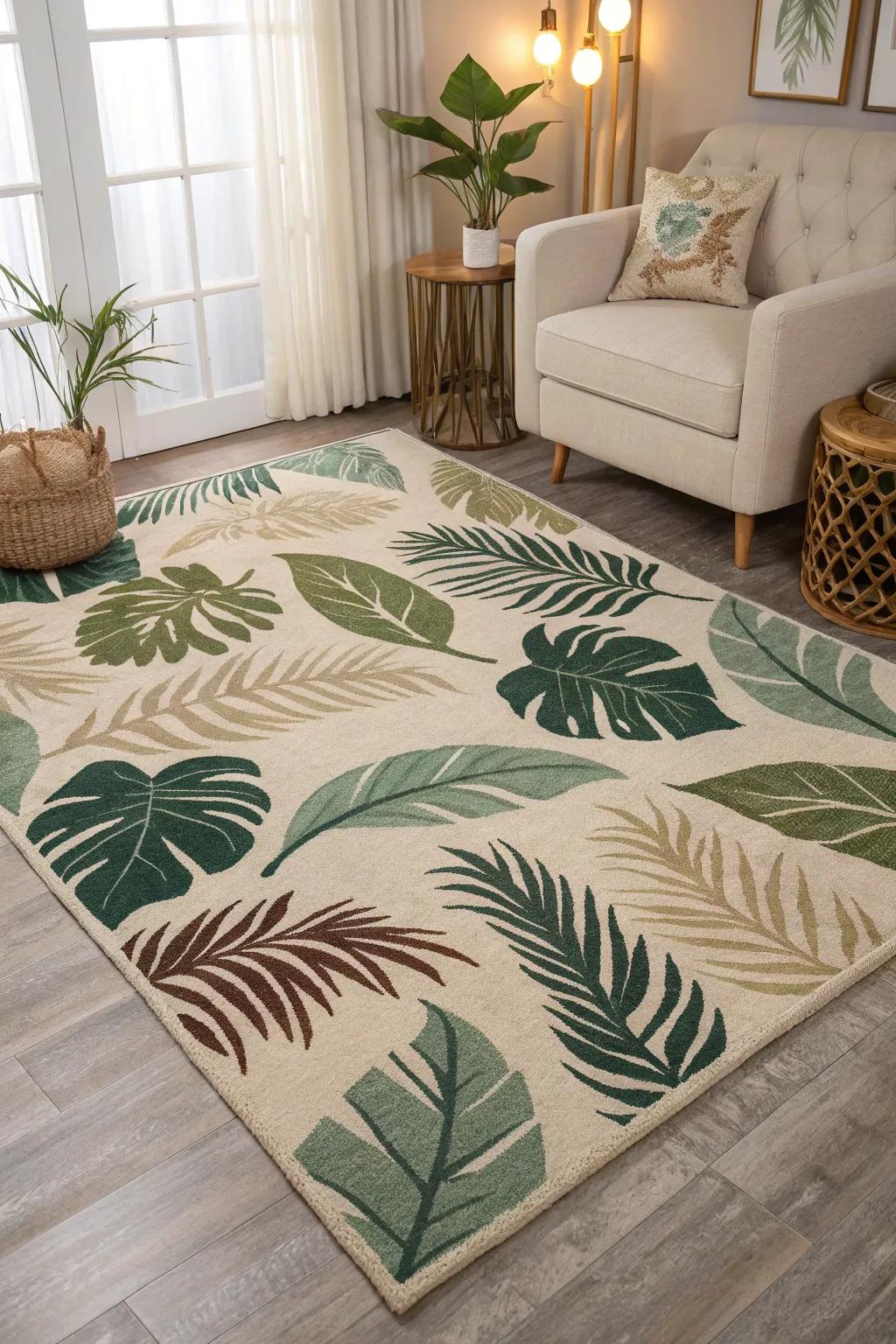 A statement rug can beautifully center your jungle-themed room.