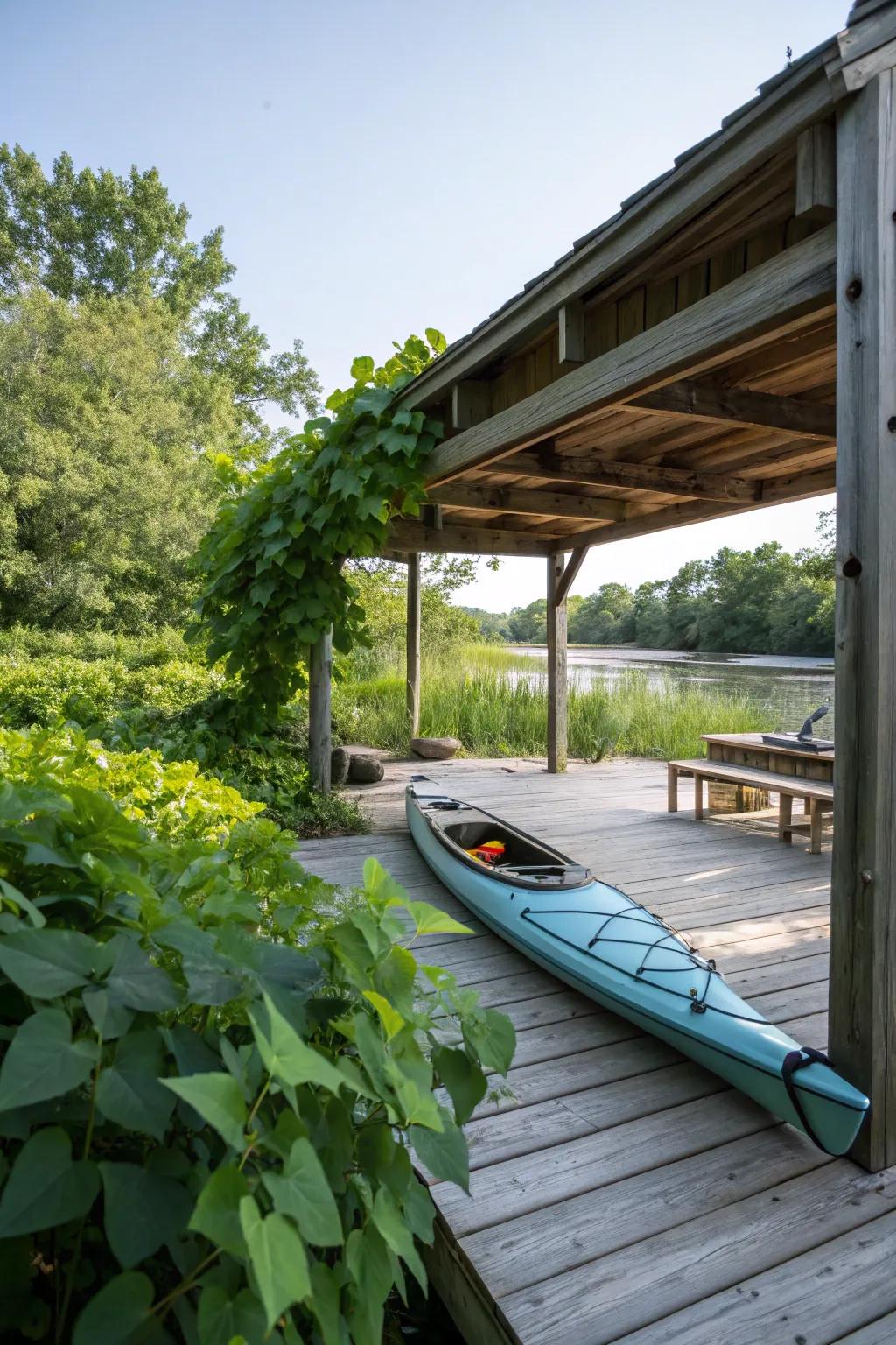 Kayak securely stored beneath a deck.
