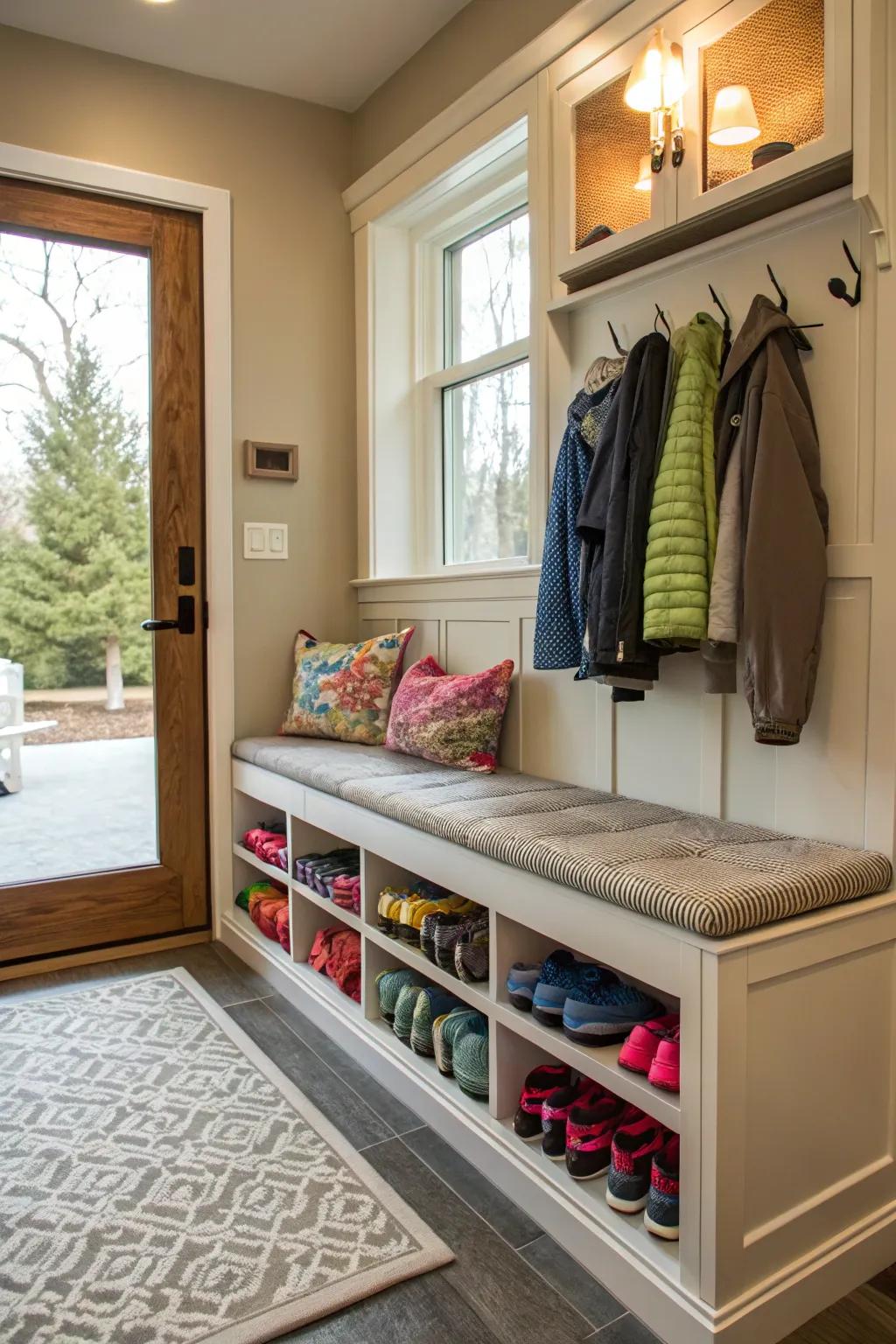 Combine seating and storage using multi-purpose benches.