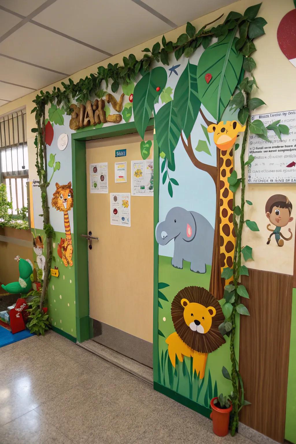 A kindergarten door with a jungle excursion theme, encompassing fauna and verdure.